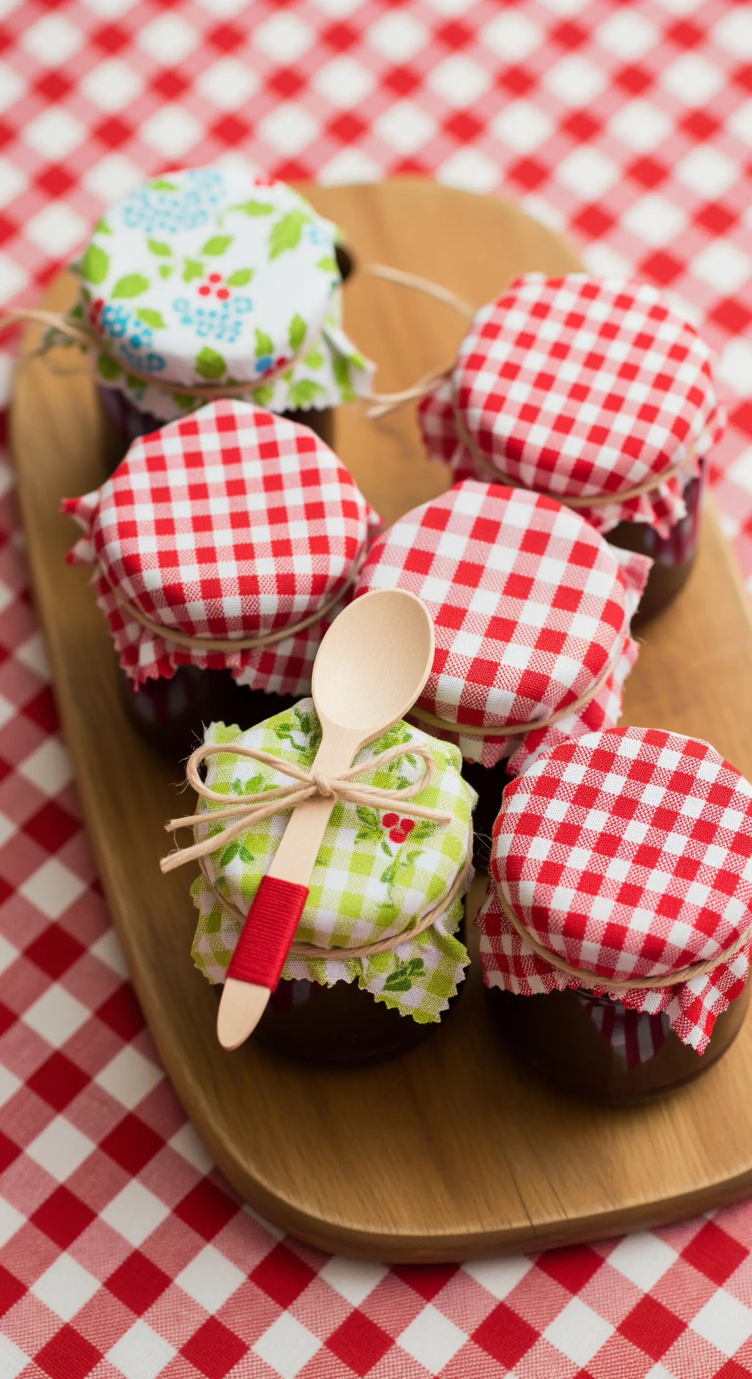 Vasetti di marmellata con coperchi in tessuto a quadri e un cucchiaino di legno