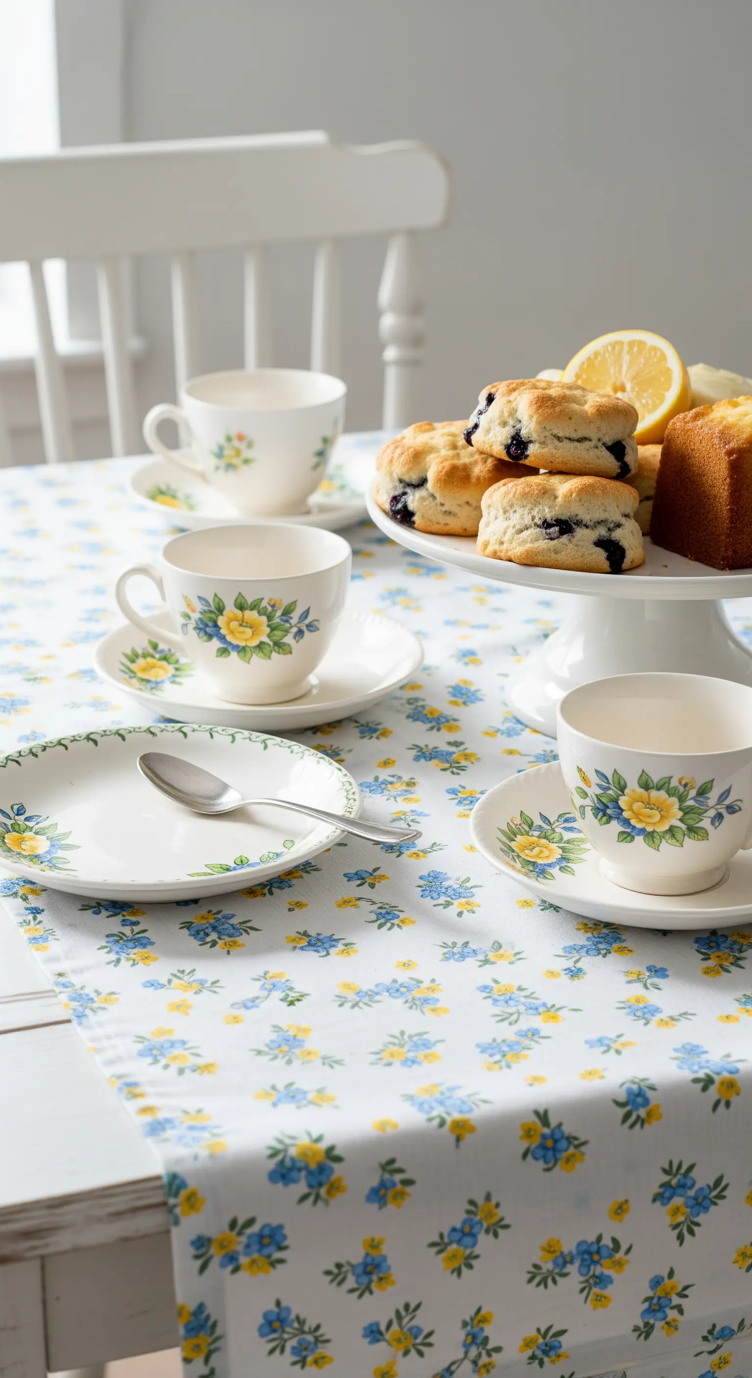 Tavola da tè in stile cottage con tovaglia a piccoli fiori gialli e blu e scones
