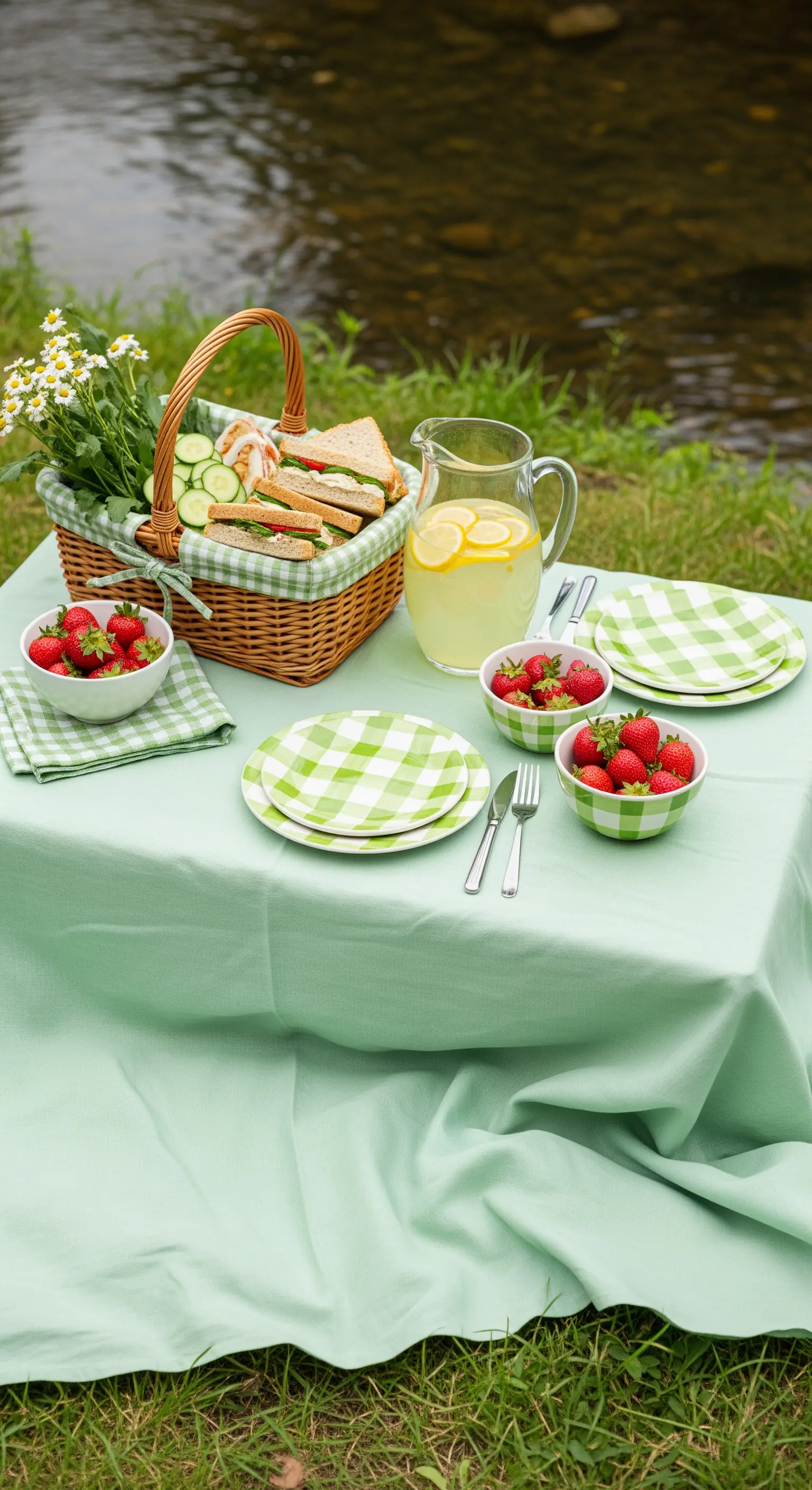 Picnic in riva al fiume con tovaglia verde menta e piatti a quadri coordinati.