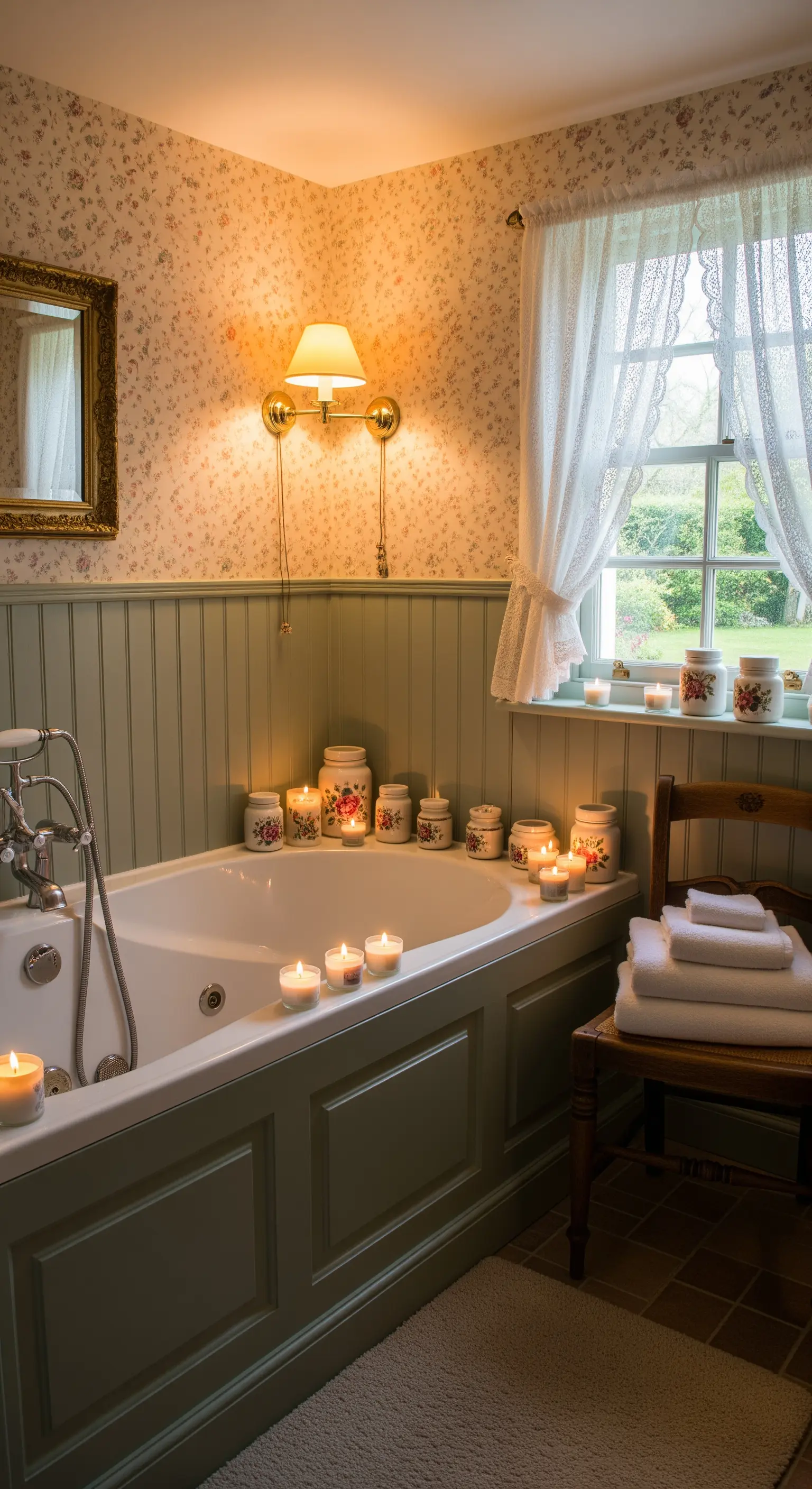 Bagno in stile country con boiserie verde salvia e carta da parati floreale.