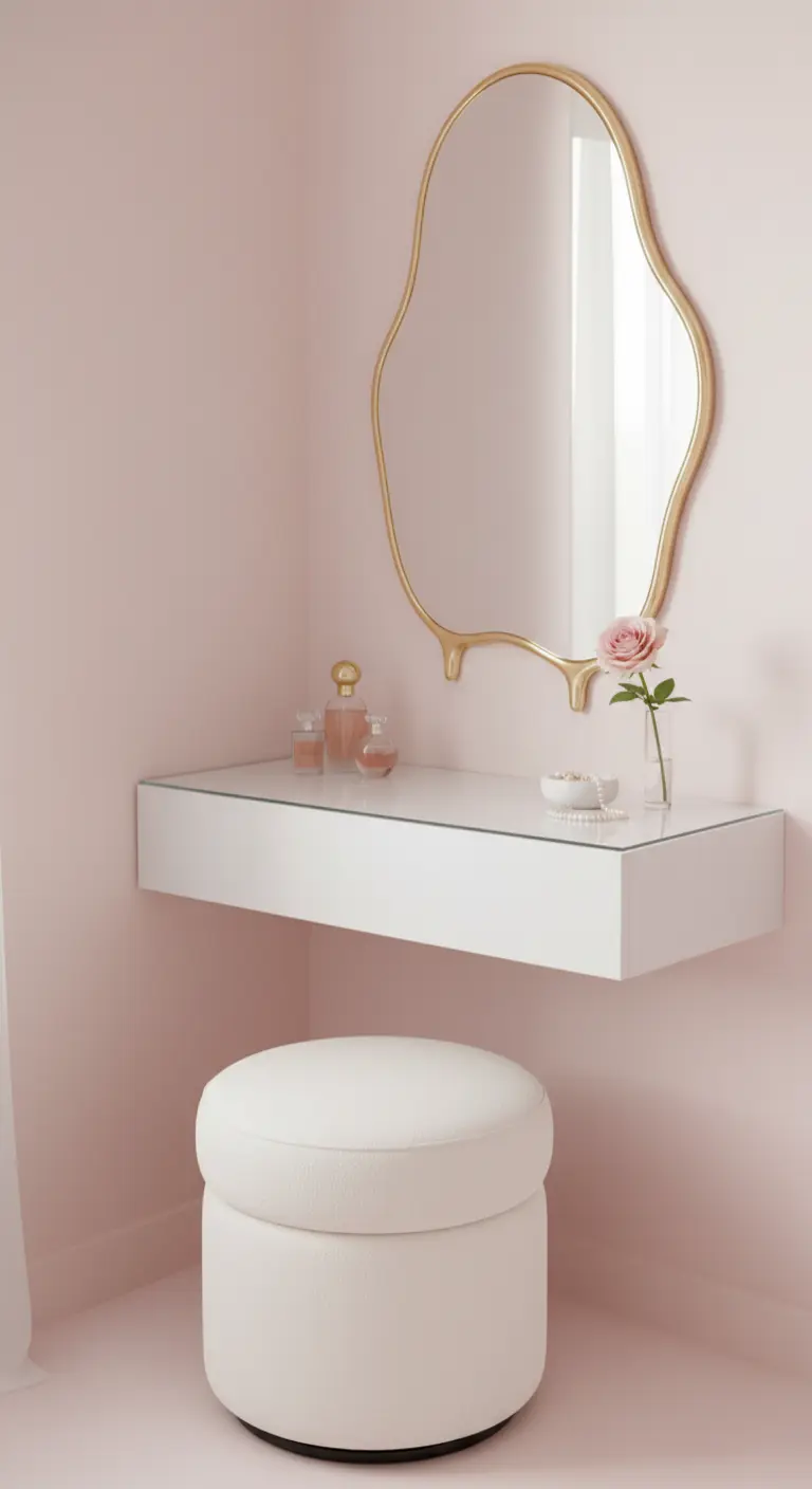 Angolo toeletta rosa con mensola sospesa bianca e specchio organico dorato.