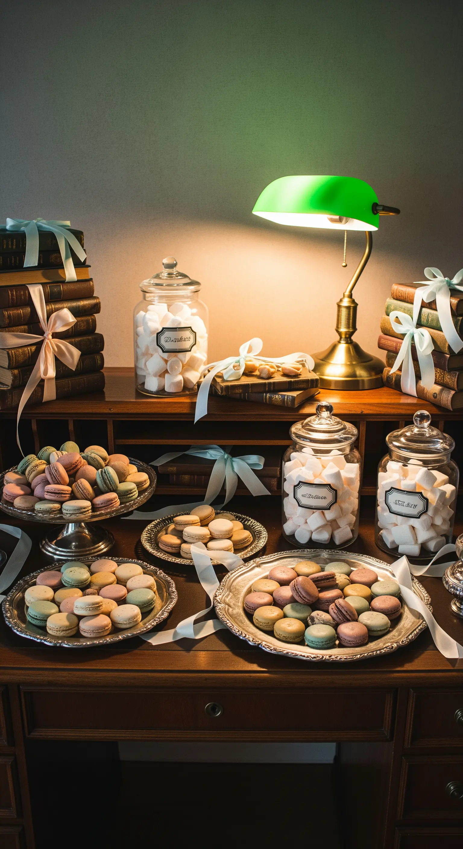 Candy bar su una scrivania in legno con libri antichi, vassoi d'argento e una lampada da banchiere.