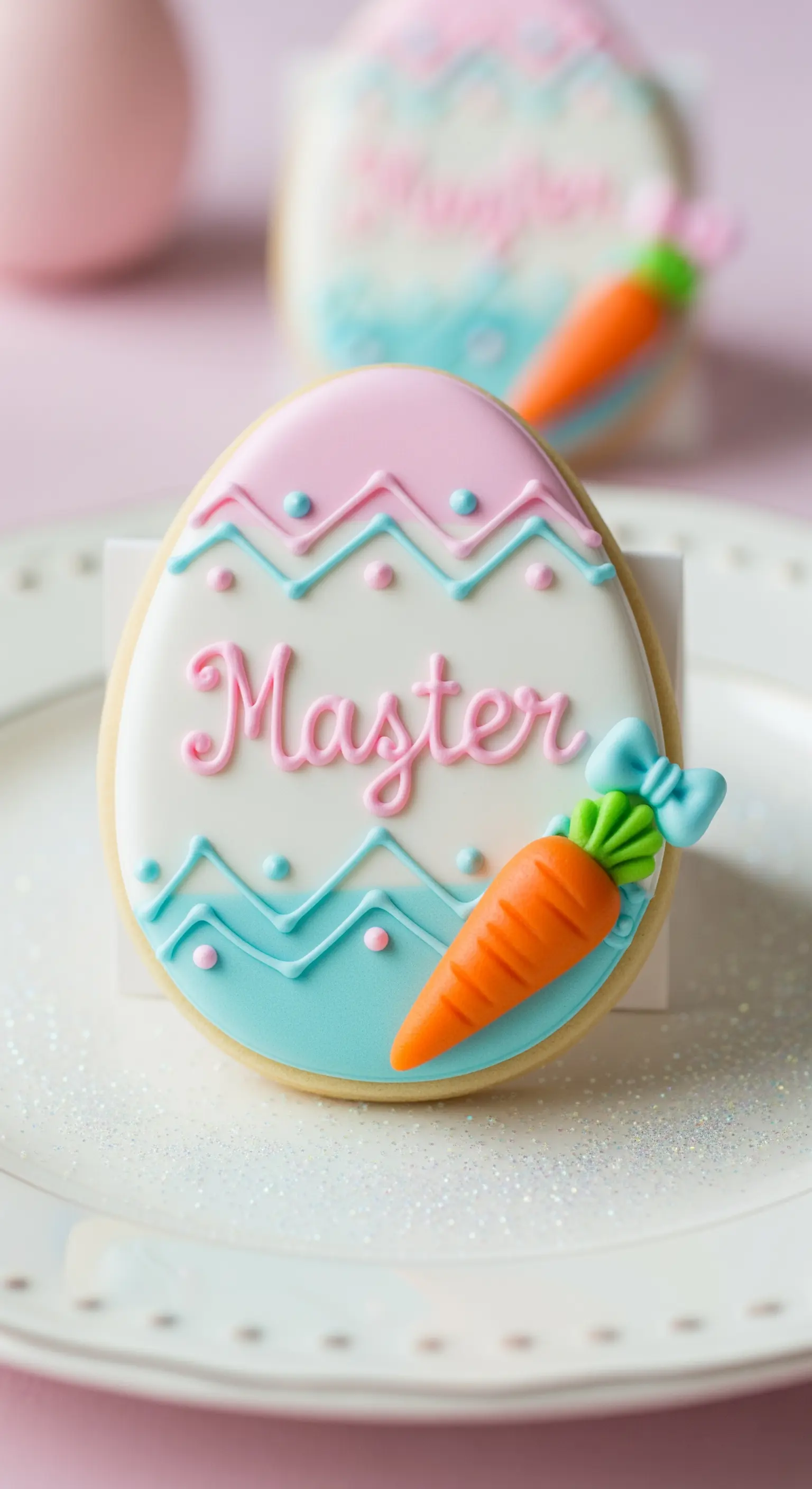 Biscotto a forma di uovo decorato in pasta di zucchero come segnaposto pasquale.