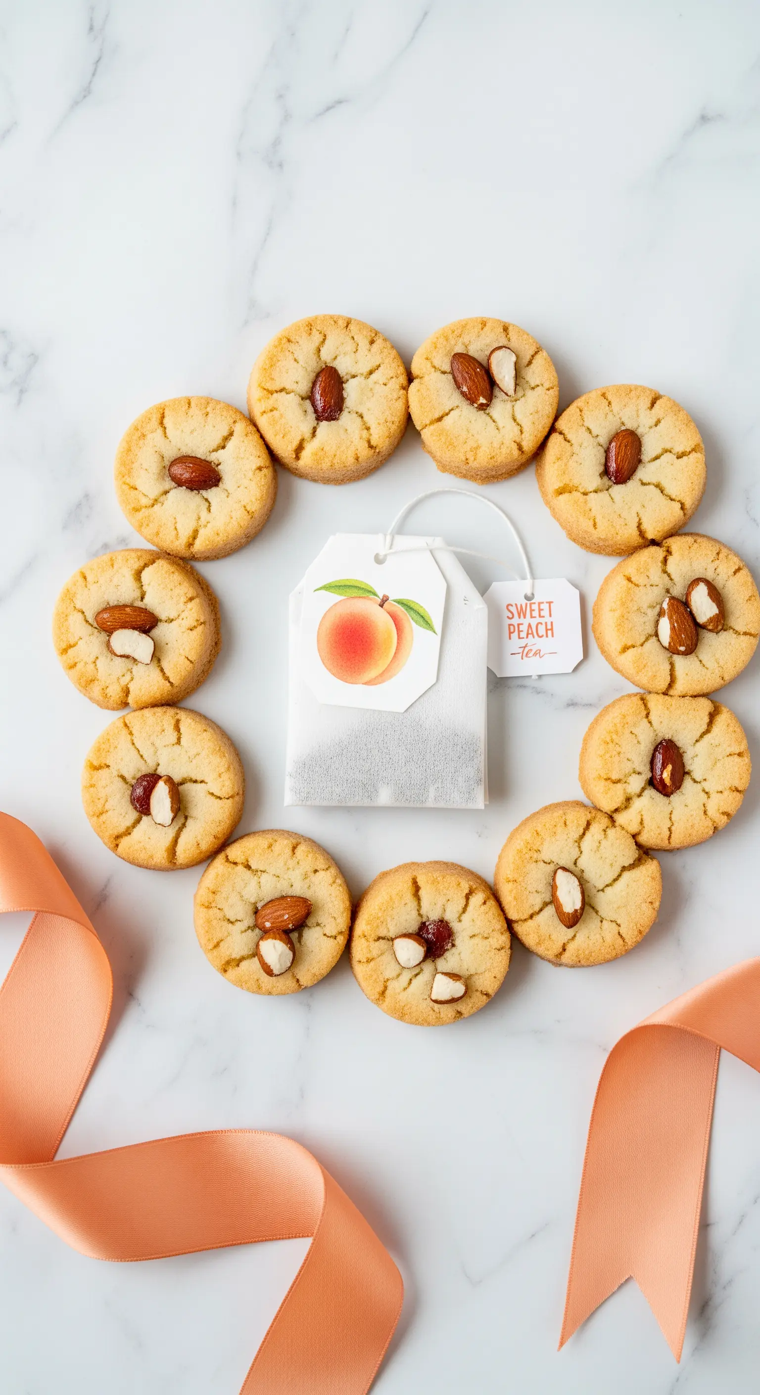 Biscotti alla mandorla disposti a cerchio intorno a una bustina di tè alla pesca.