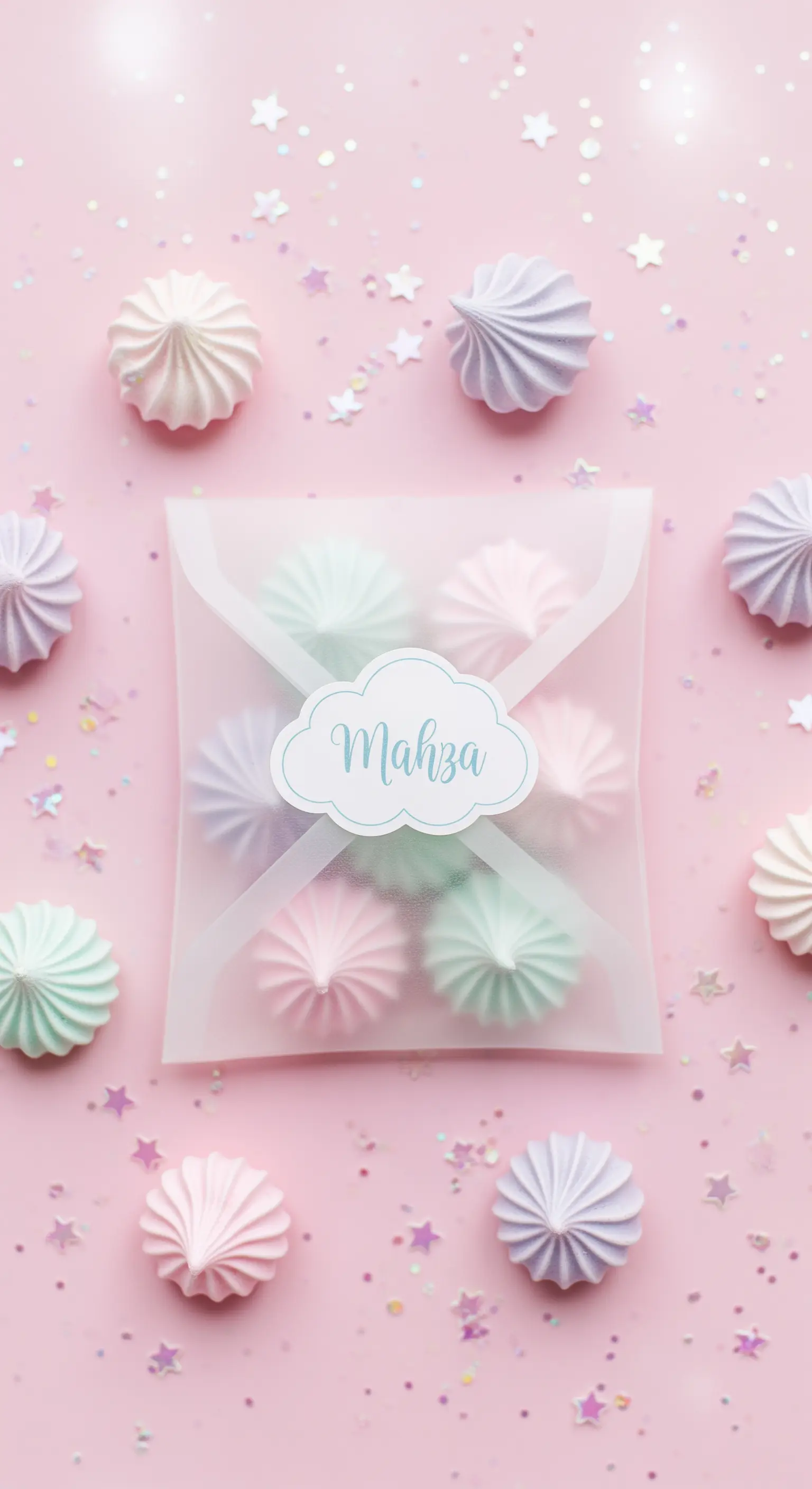 Meringhe color pastello in una busta di pergamena traslucida con adesivo personalizzato.