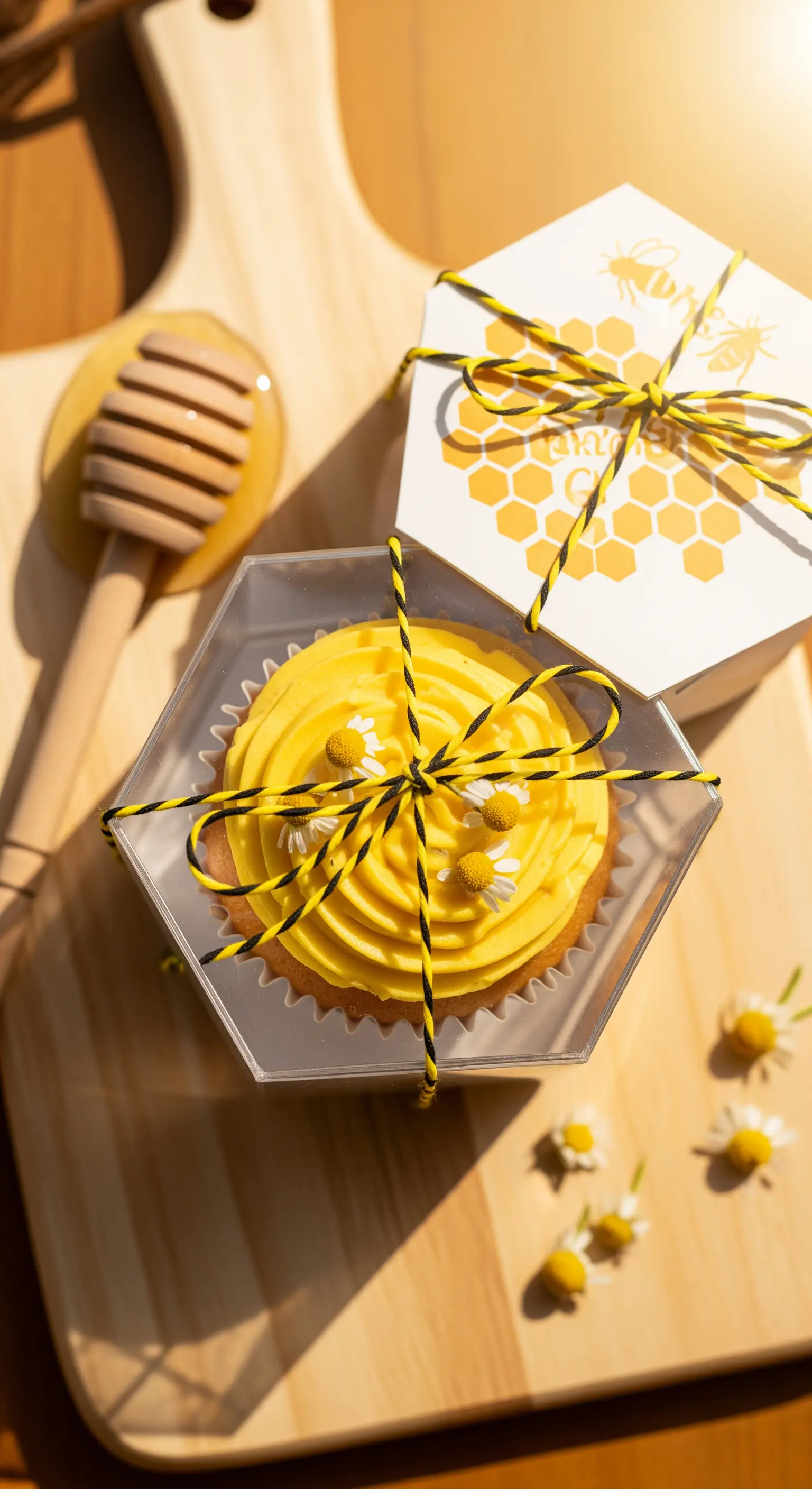 Cupcake al miele in una scatola esagonale con spago giallo e nero.