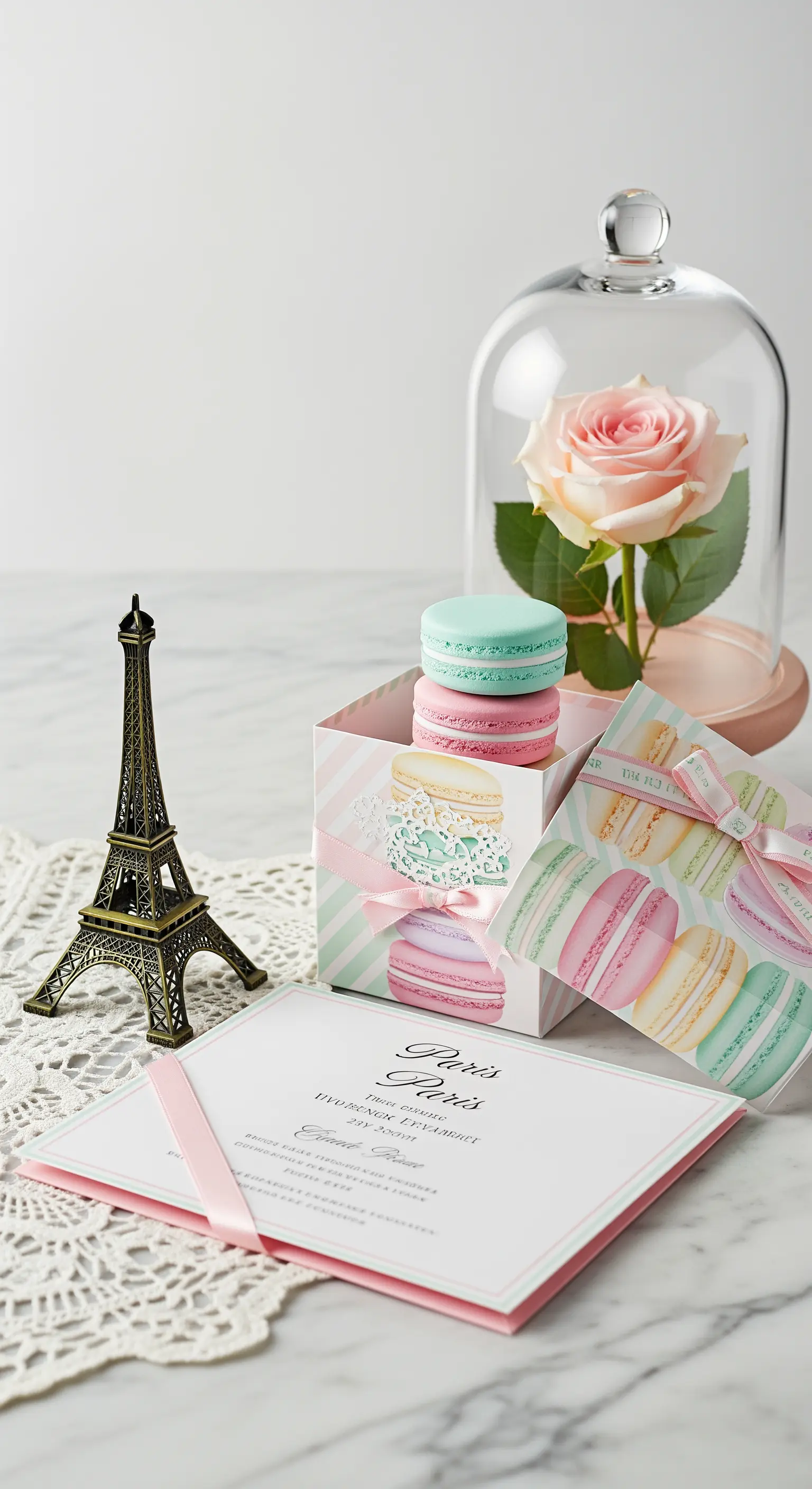 Invito a tema parigino con scatola di macarons, una rosa sotto una cloche e la Tour Eiffel.
