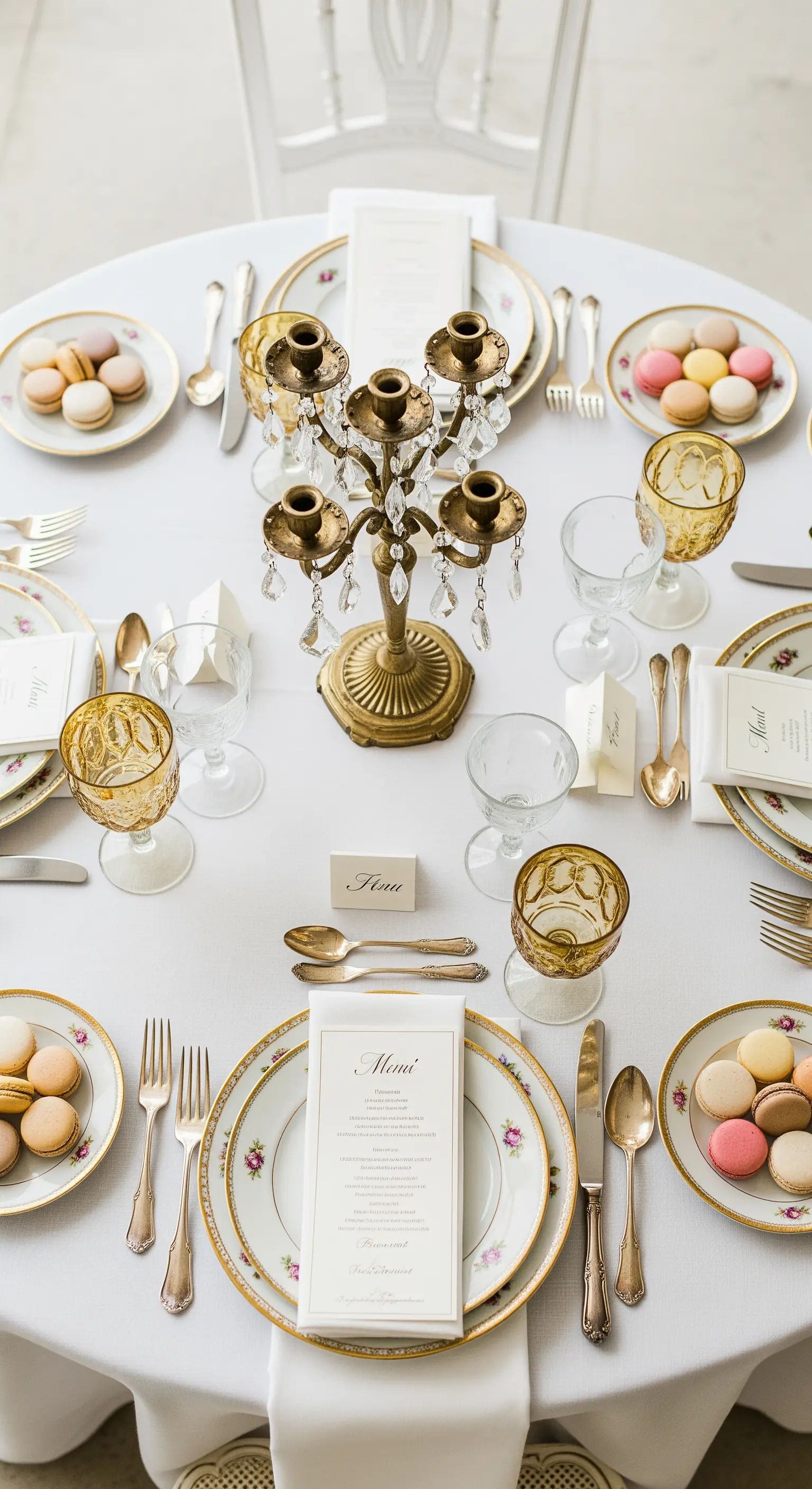 Tavola in stile parigino con macaron colorati, porcellane floreali e calici ambrati.