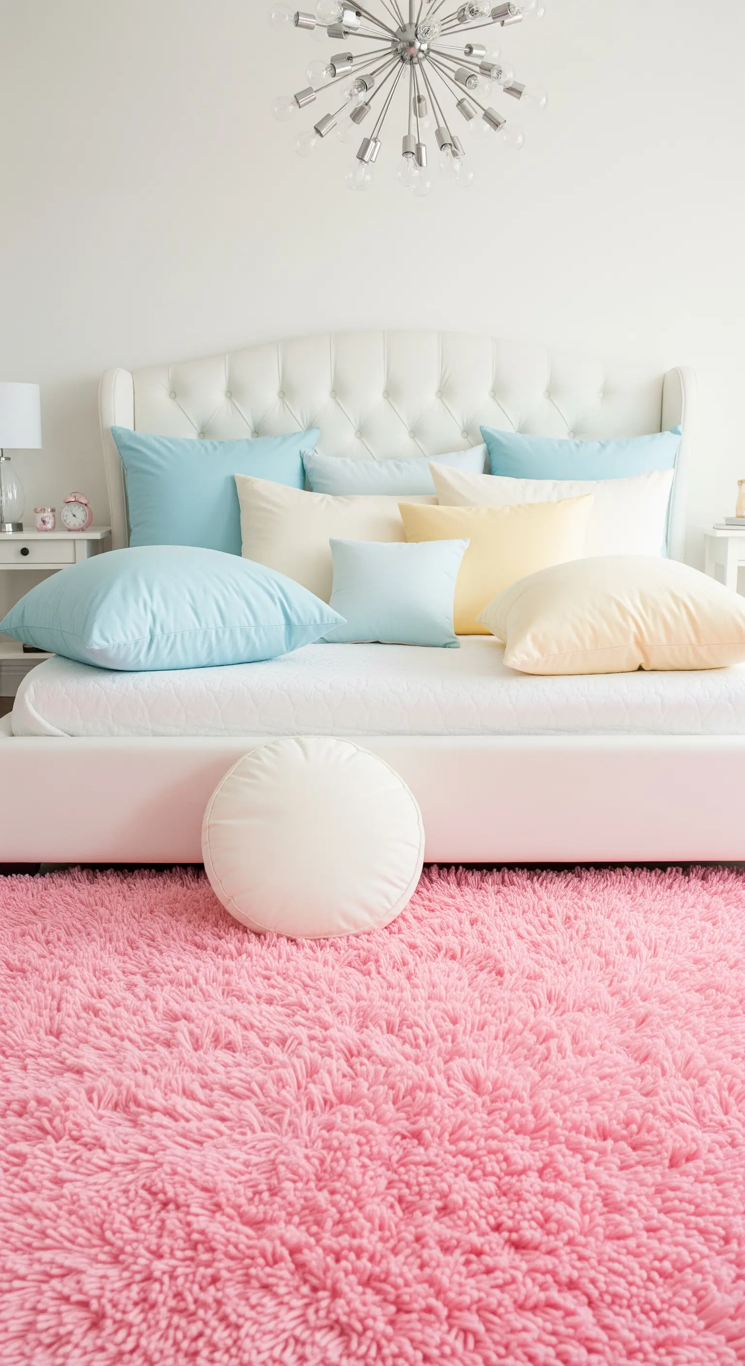 Camera da letto bianca con un grande e soffice tappeto rosa e cuscini color pastello.