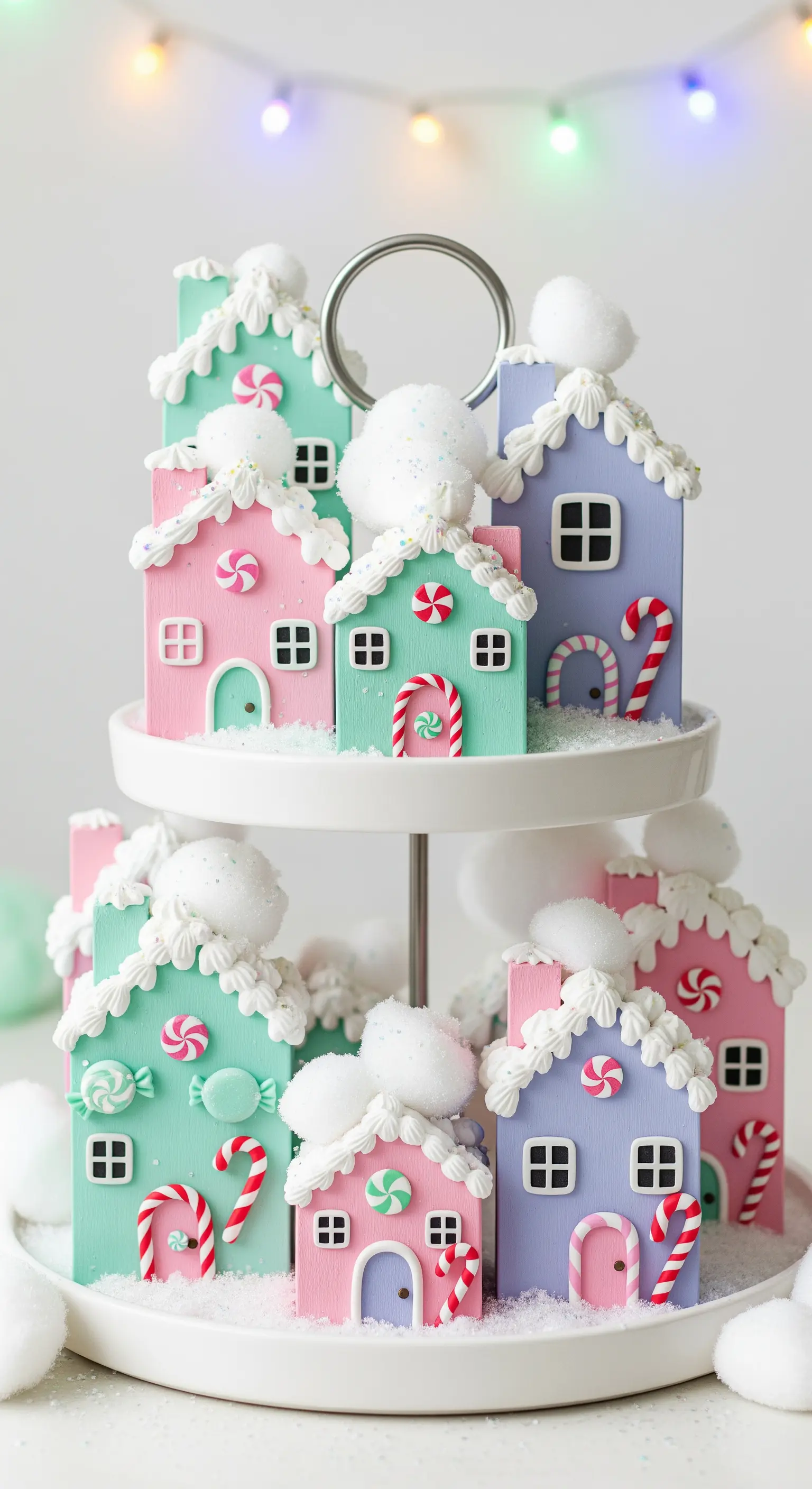 Villaggio di Natale con casette color pastello decorate come dolci su un'alzata bianca.