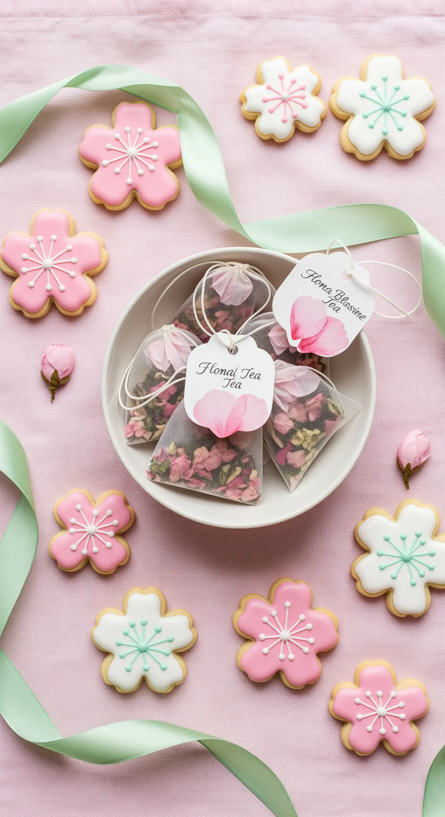 Biscotti a forma di fiore rosa e bustine di tè floreale in una ciotola bianca.