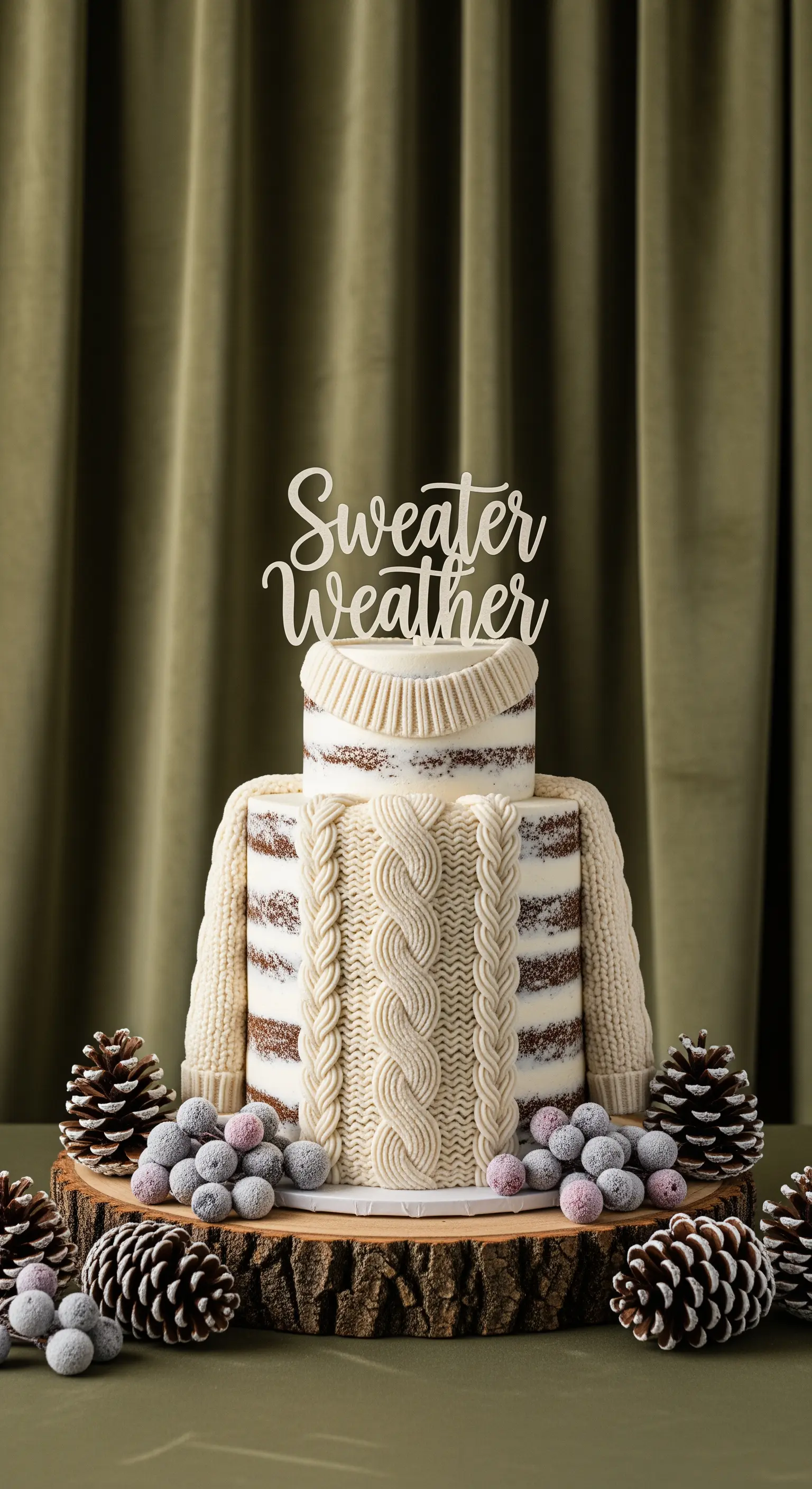 Torta decorata come un maglione di lana, con topper 'Sweater Weather'.