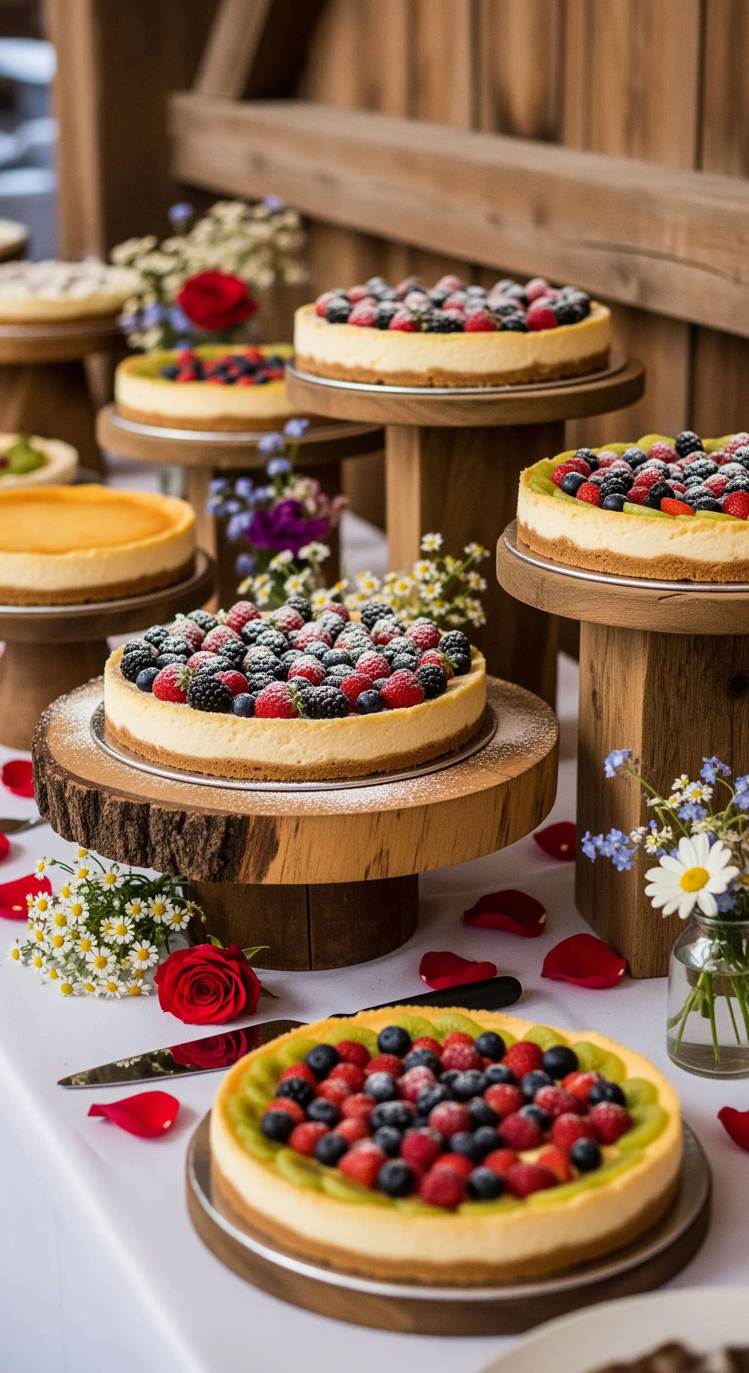 Cheesecake e crostate di frutta su alzate in legno a forma di tronco.
