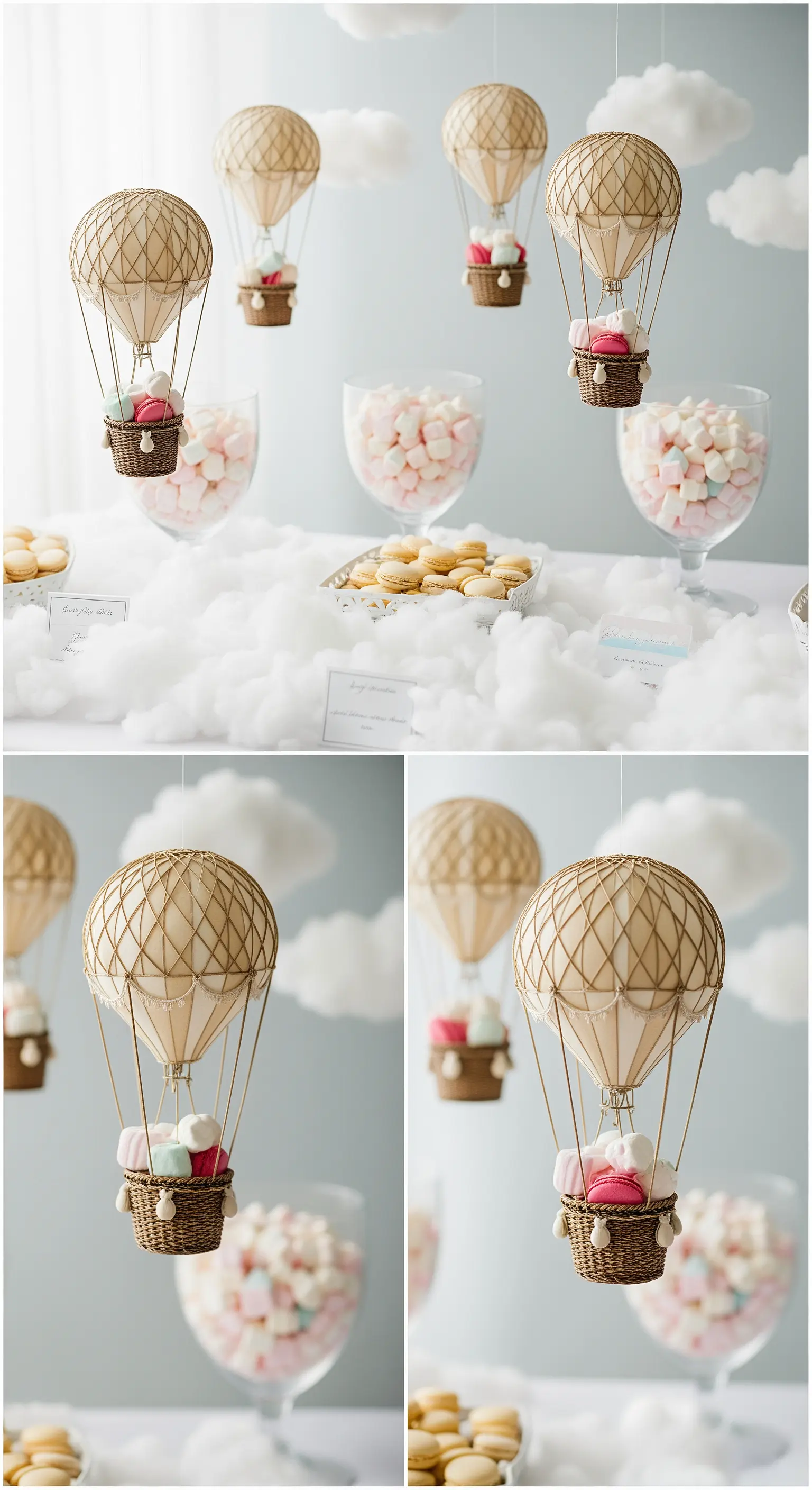 Candy bar con nuvole di cotone e piccole mongolfiere sospese piene di marshmallow.
