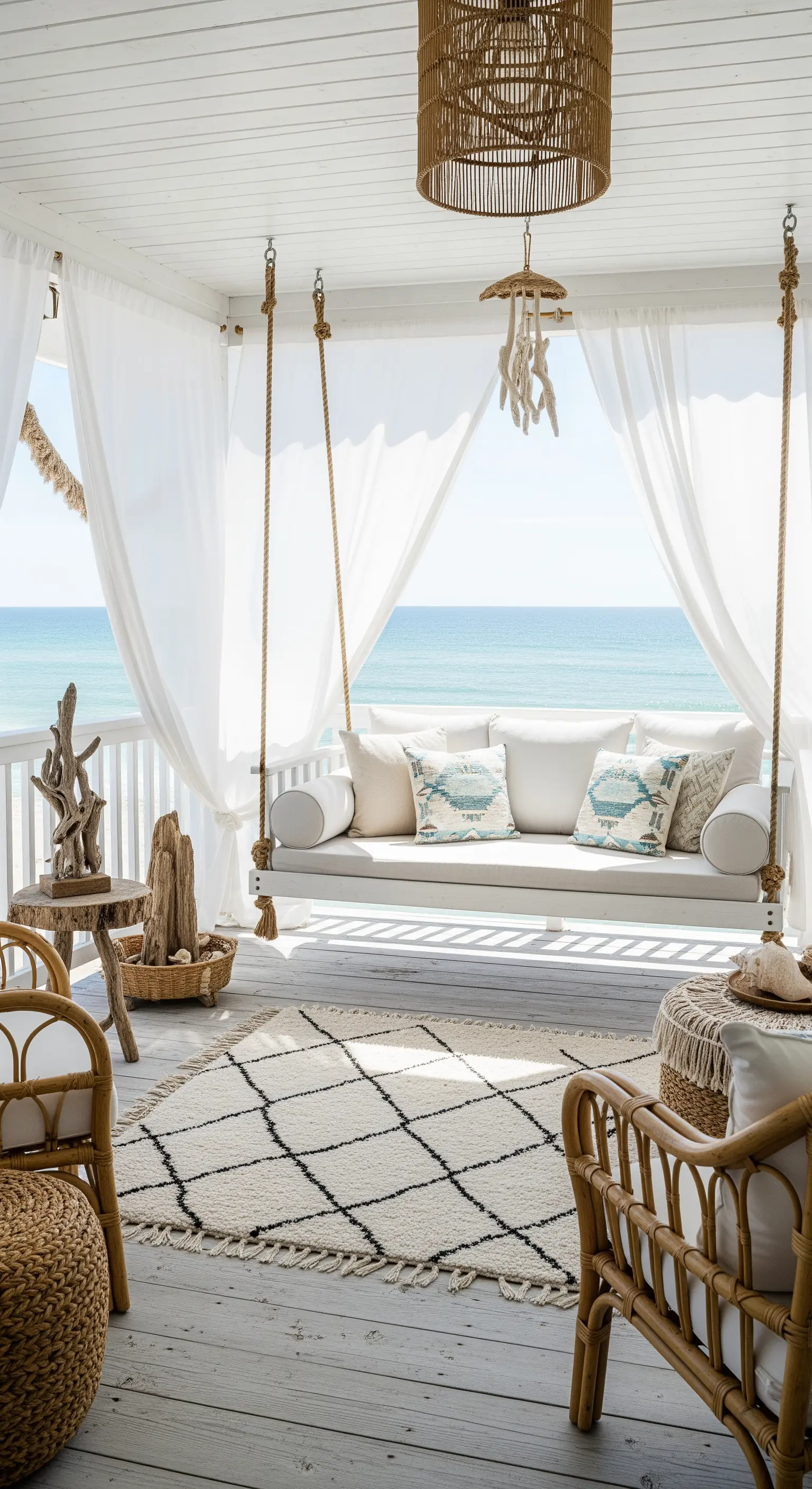 Portico vista mare con divano sospeso bianco, arredi in rattan e tappeto marocchino.