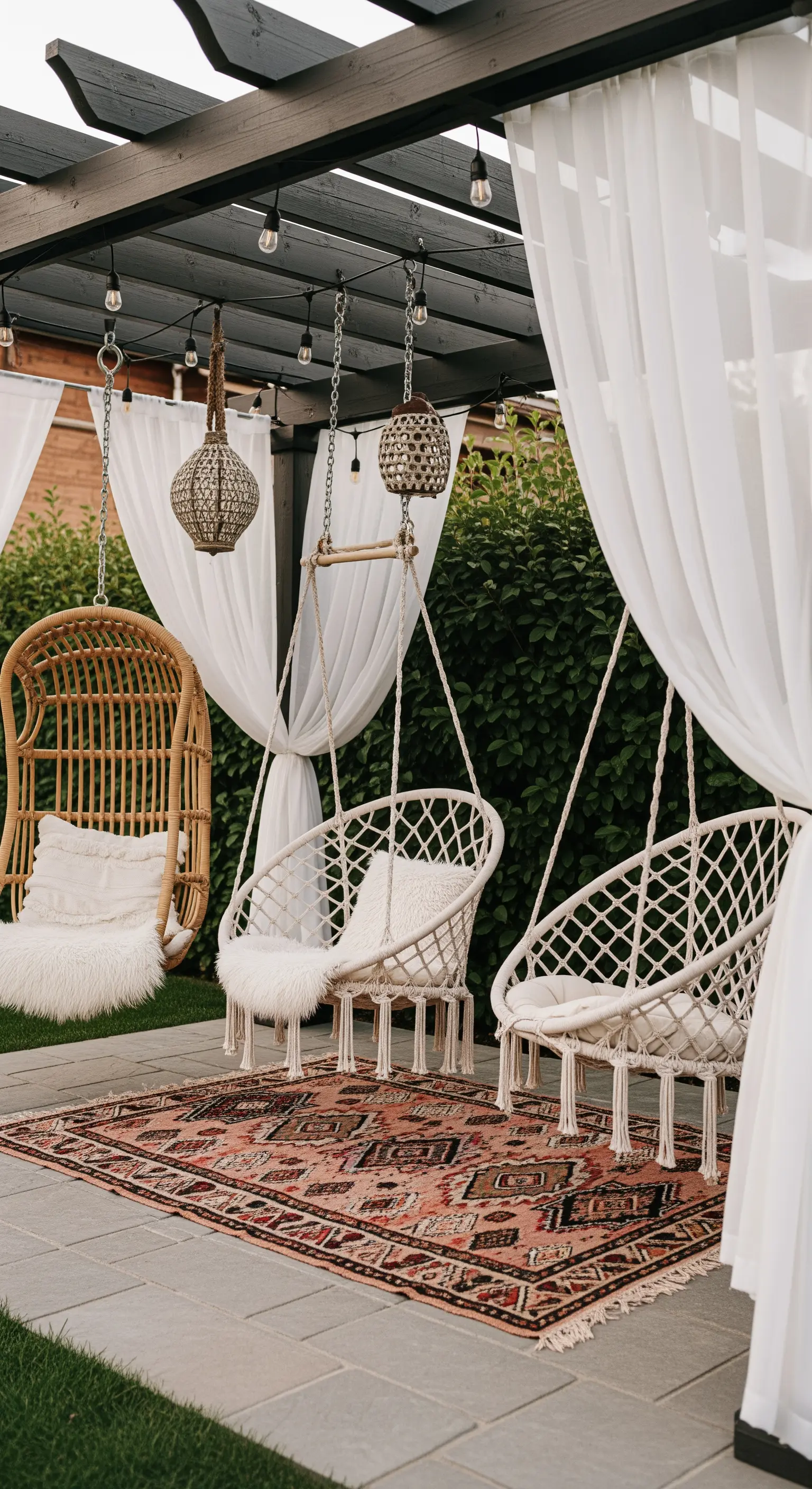 Patio con diverse sedie sospese in macramè e rattan sotto un pergolato nero.