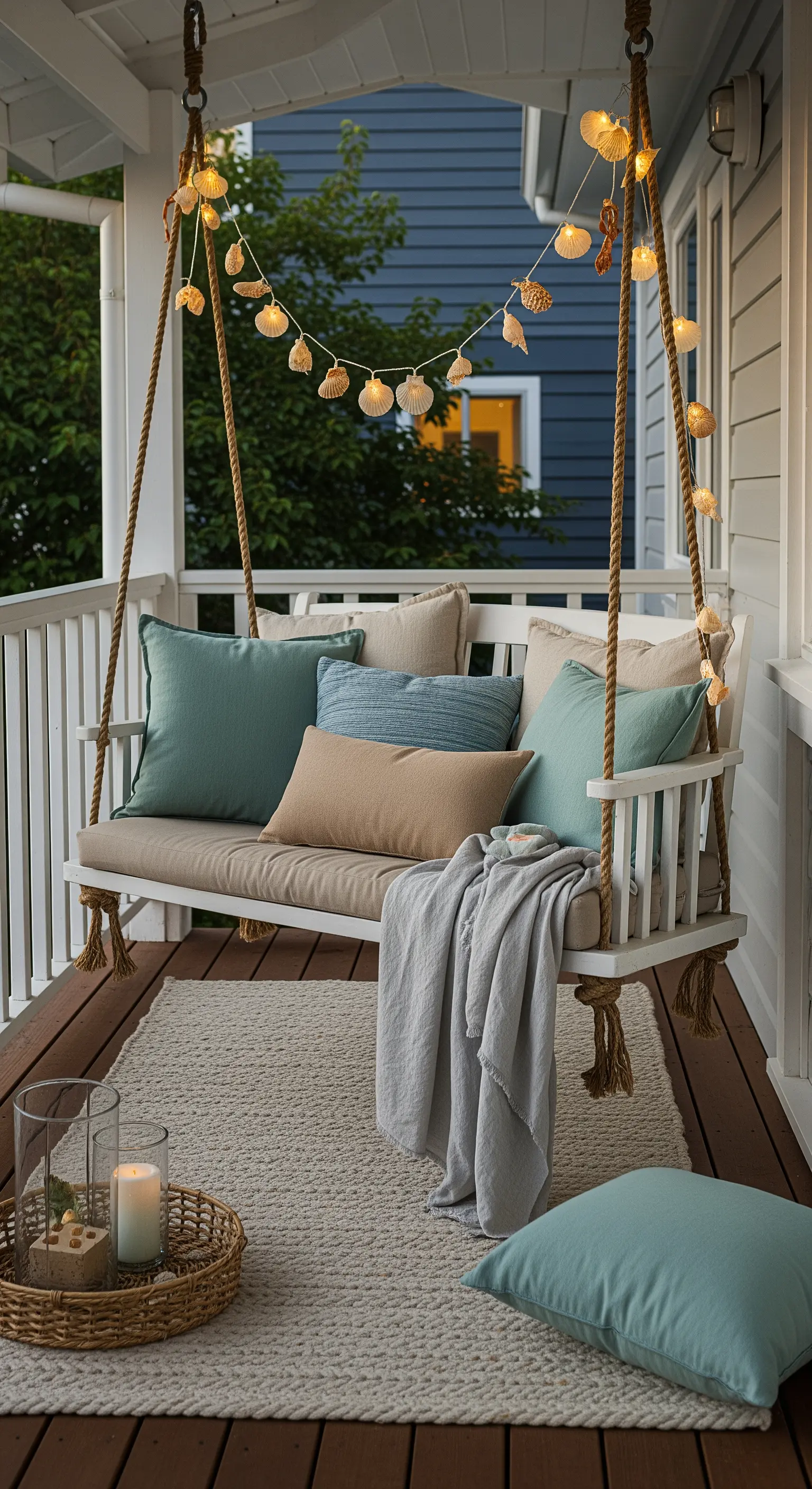 Dondolo bianco sospeso in veranda, decorato con luci a forma di conchiglia e cuscini azzurri.