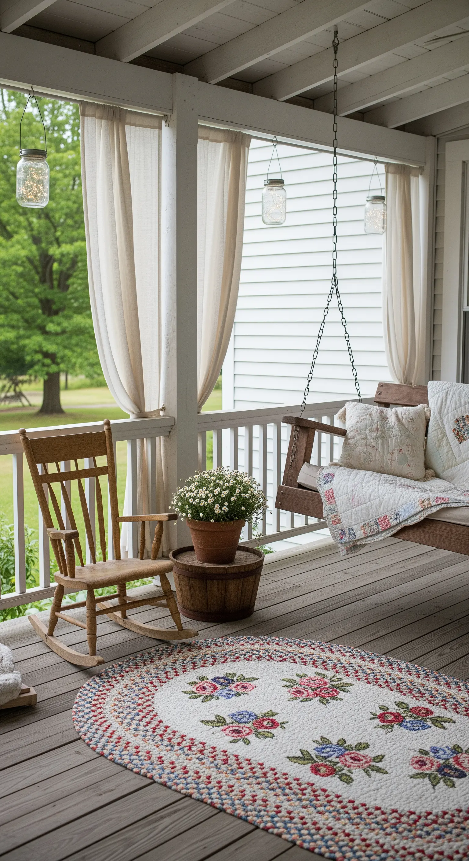 Portico in stile country con dondolo in legno, sedia a dondolo e lanterne in barattoli di vetro.