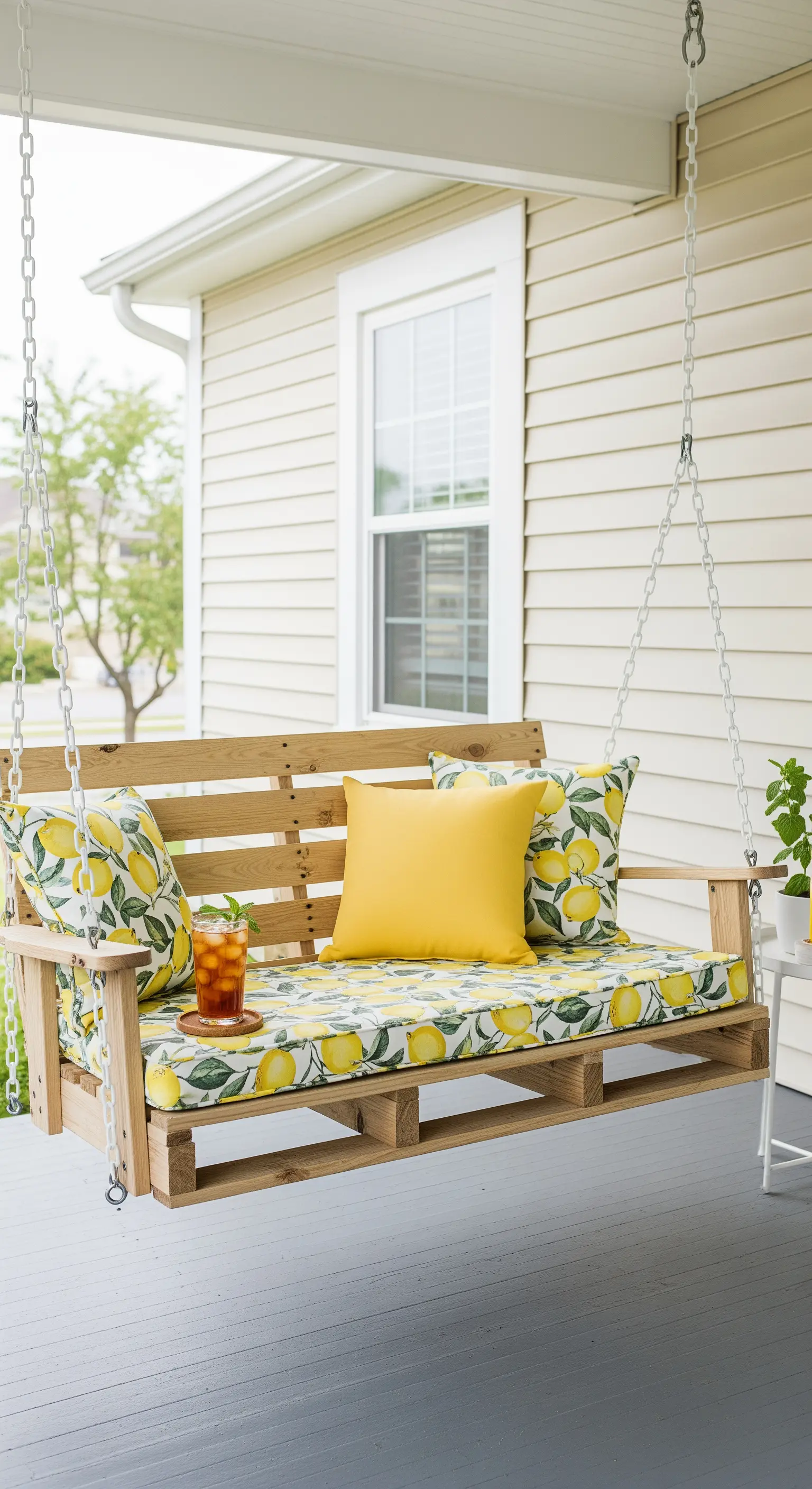 Dondolo da portico in pallet con cuscini gialli a tema limoni, appeso con catene.