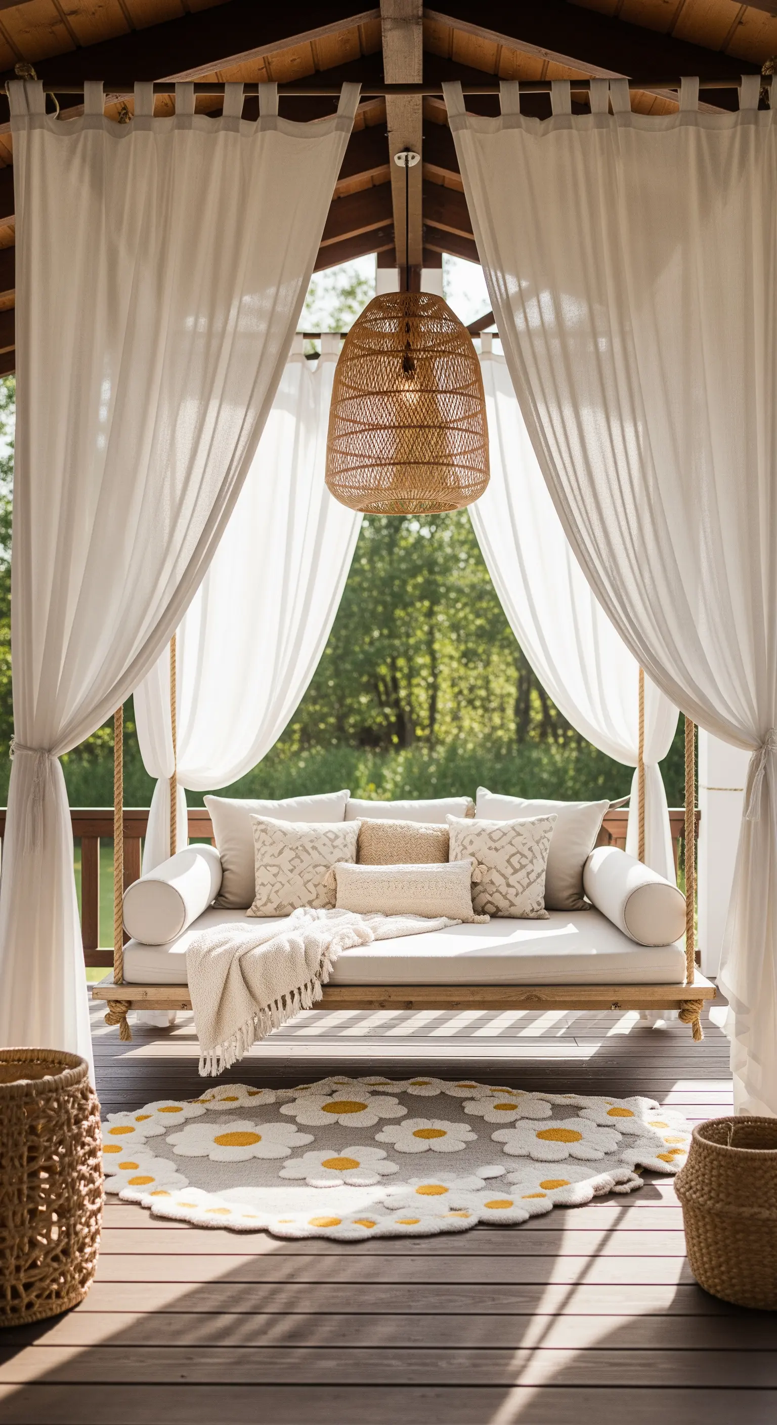 Dondolo sospeso in una veranda, circondato da tende bianche e con cuscini neutri.