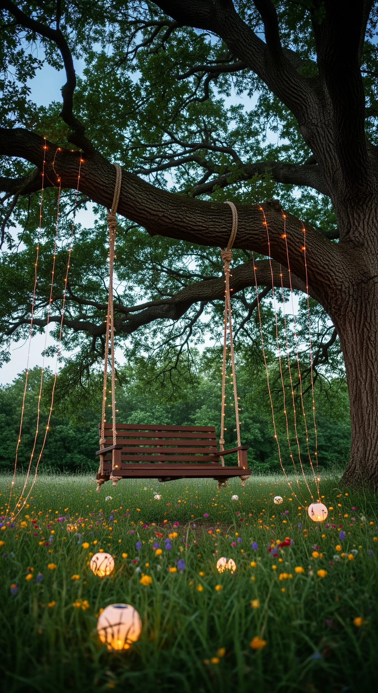 Altalena a panca appesa a un grande albero, decorata con fili di luci a cascata.