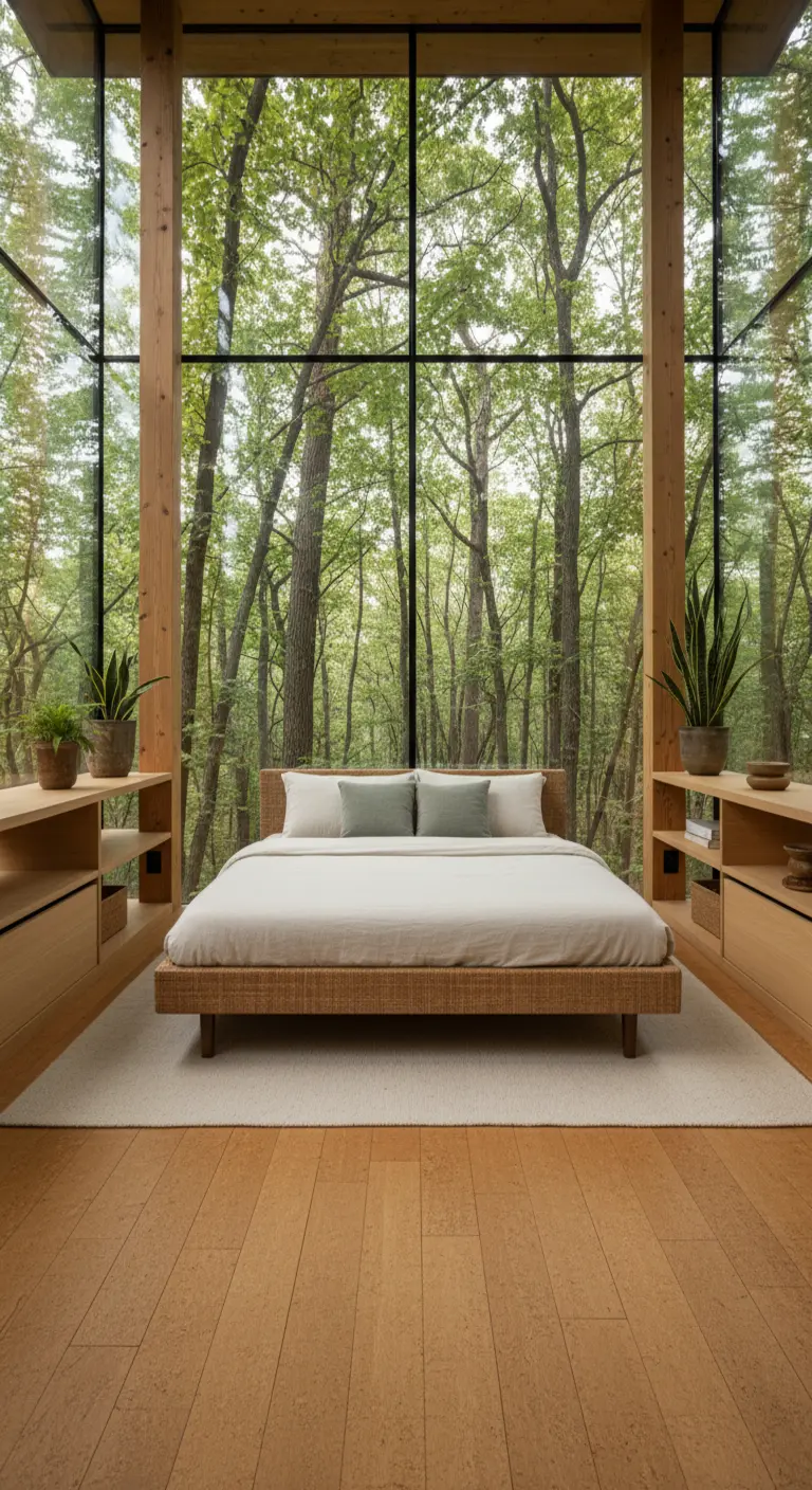 Camera da letto con pareti interamente vetrate che si affacciano su un bosco.