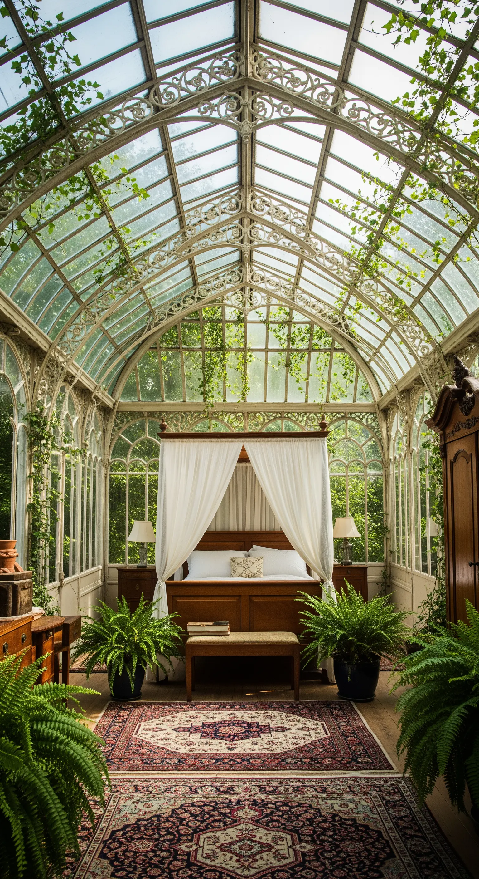 Letto a baldacchino in una serra vittoriana in ferro battuto e vetro, circondato da felci.