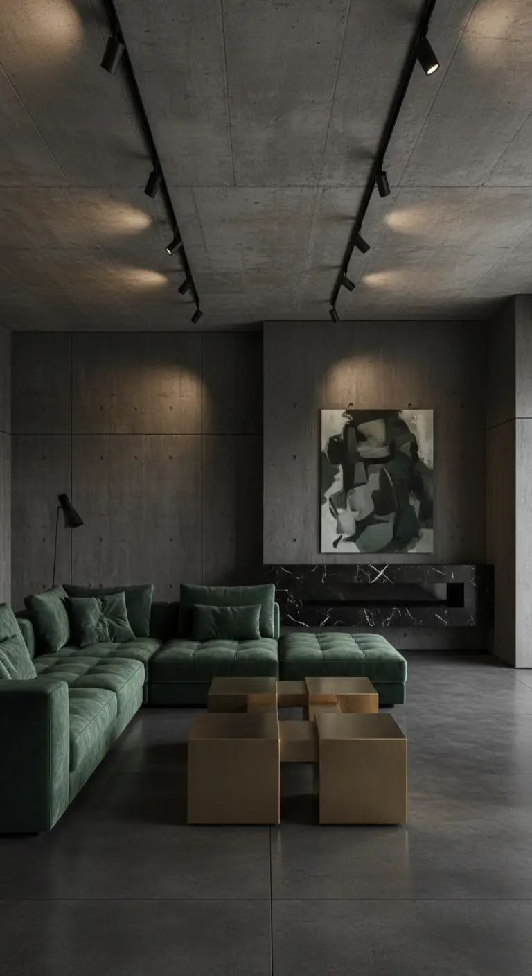 Divano angolare in velluto verde scuro in un salotto con pareti in cemento grigio scuro.