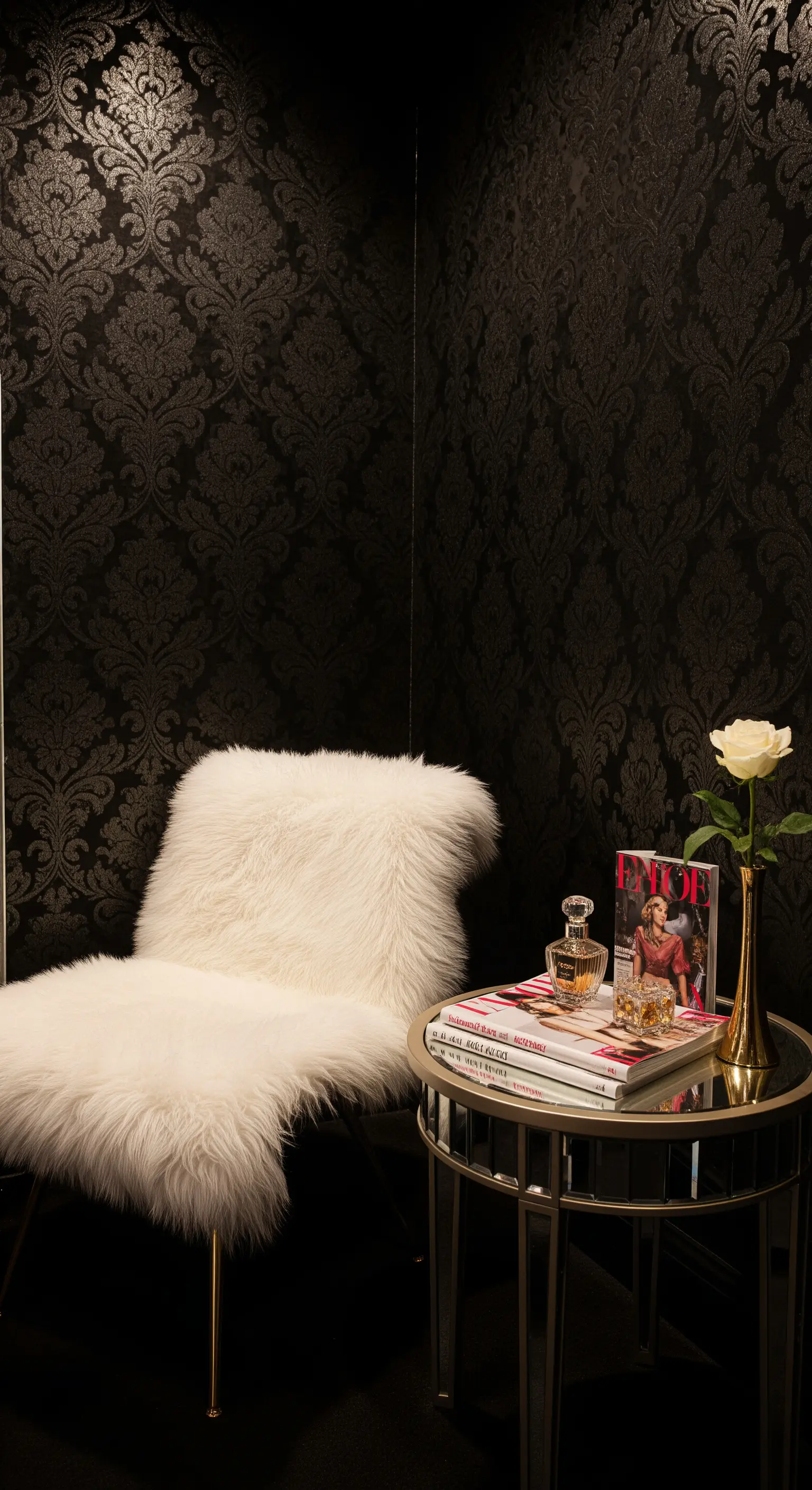 Seduta con cuscino in pelliccia bianca in un angolo con carta da parati damascata nera.