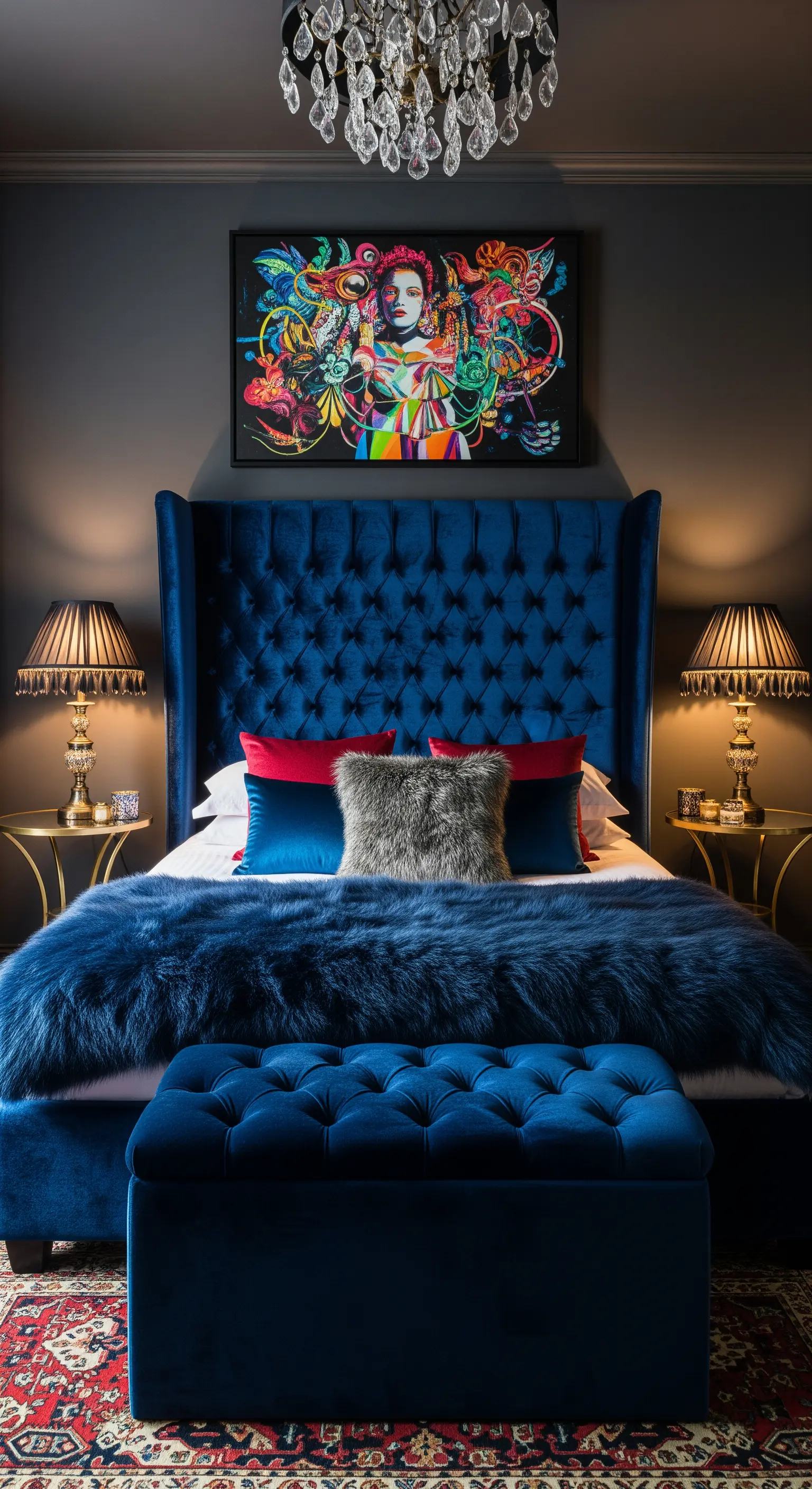 Letto capitonné in velluto blu reale con parete scura e opera d'arte colorata.