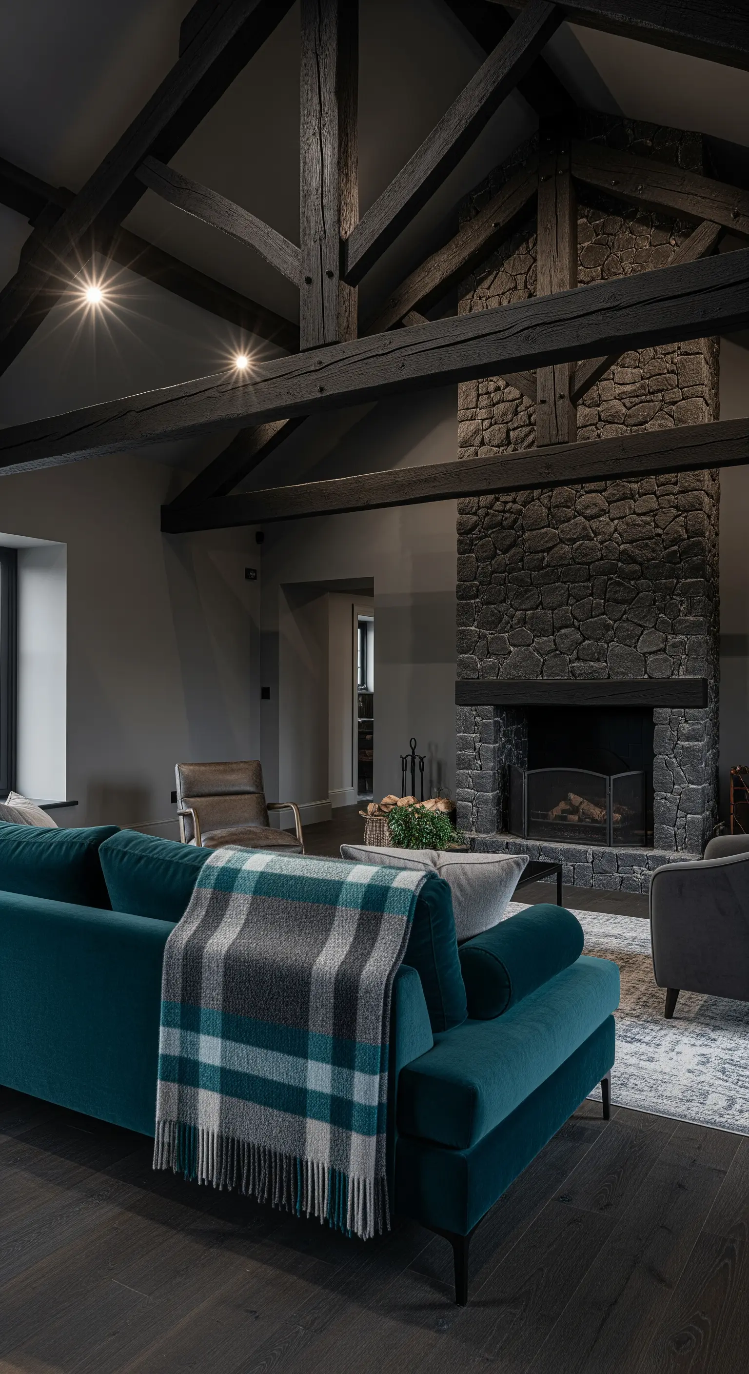 Soggiorno rustico moderno con travi nere, camino scuro e divano color petrolio