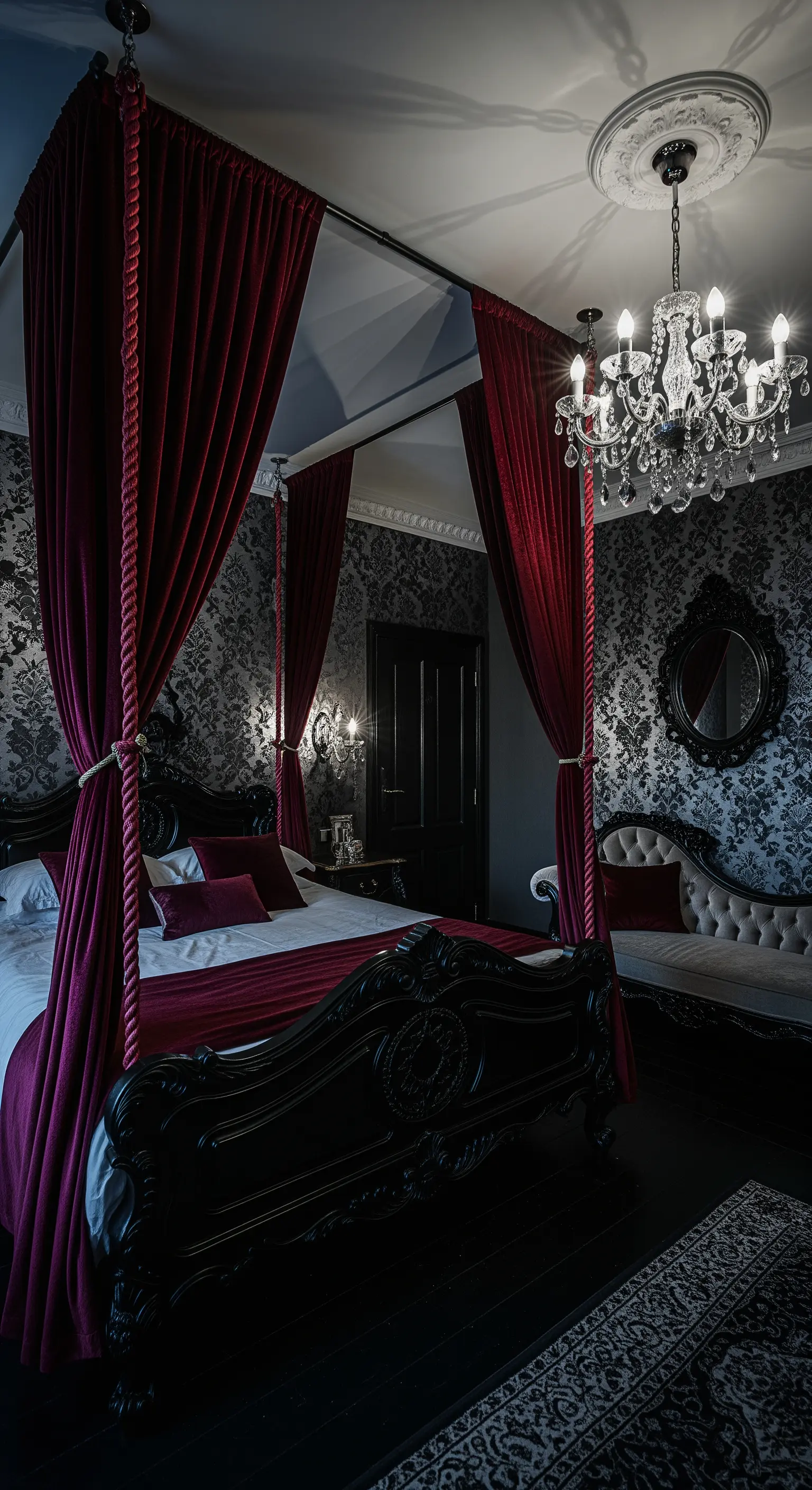 Letto nero a baldacchino con corde e tende in velluto rosso in una camera gotica.