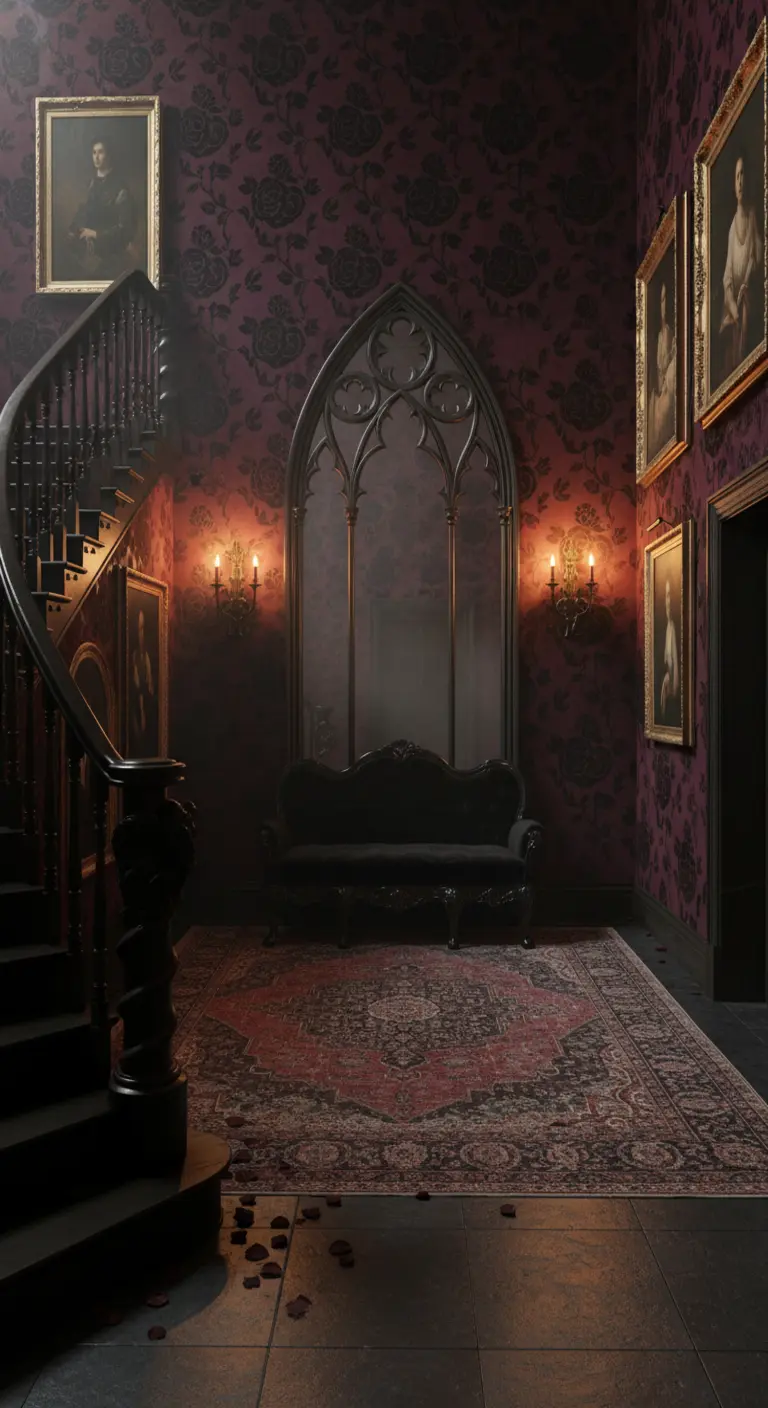 Ingresso in stile gotico con carta da parati damascata bordeaux e un grande specchio ad arco.