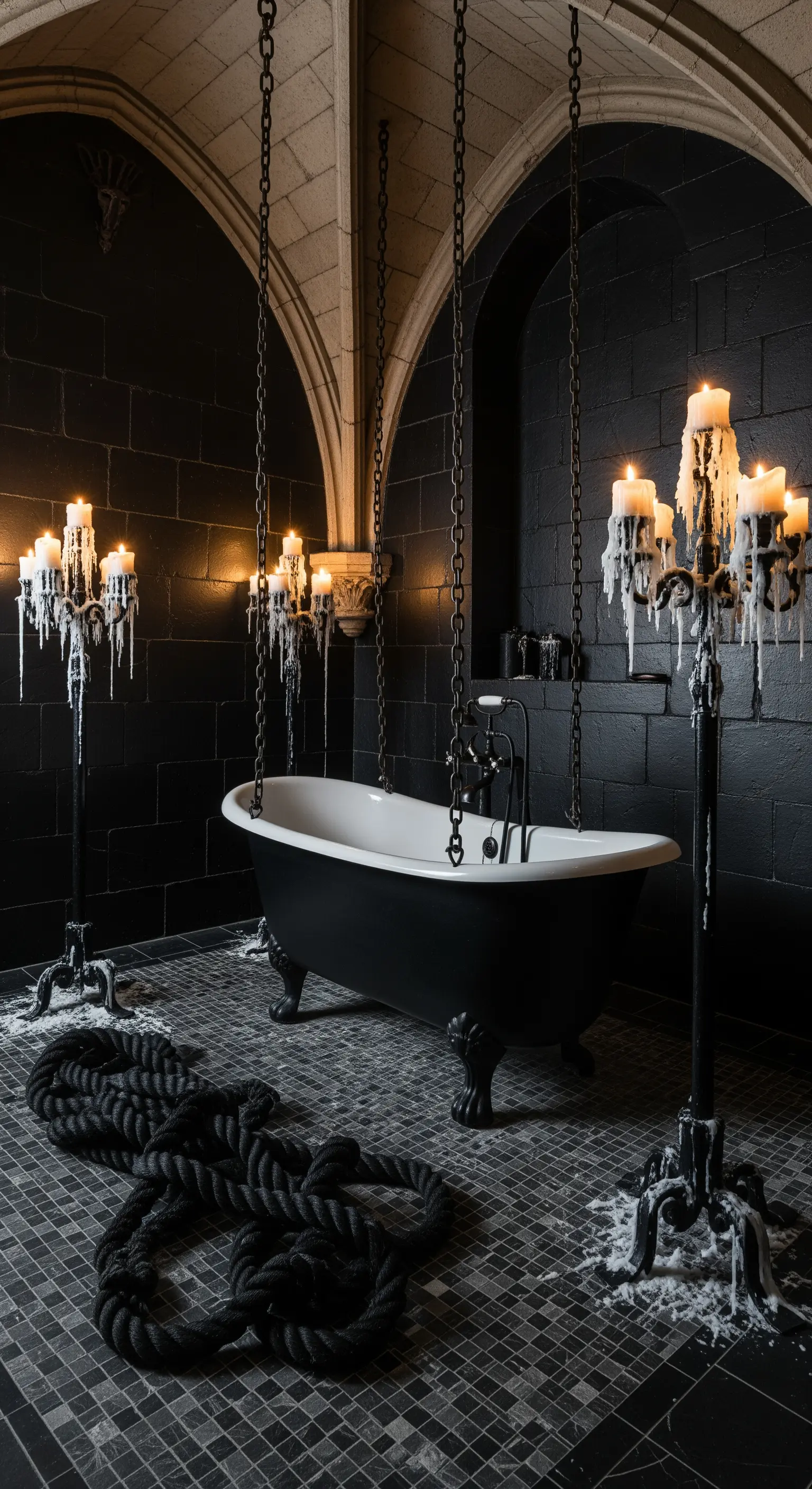 Vasca nera sospesa con catene in un bagno gotico nero, illuminato da candelabri.
