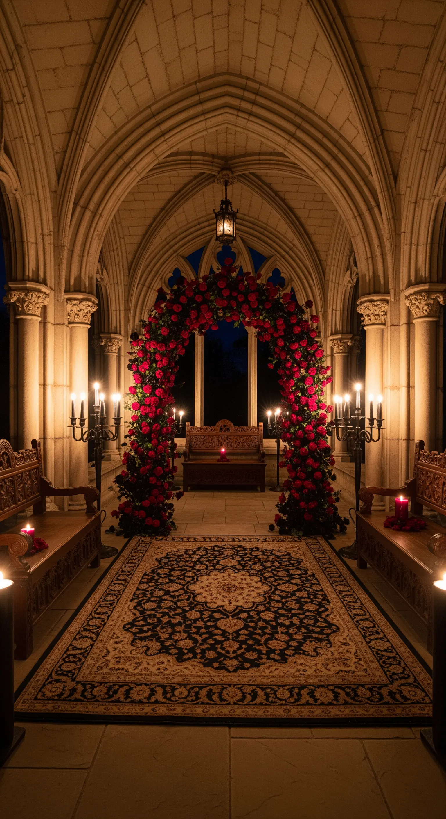 Portico in stile gotico con un imponente arco di rose rosse, illuminato da candelabri