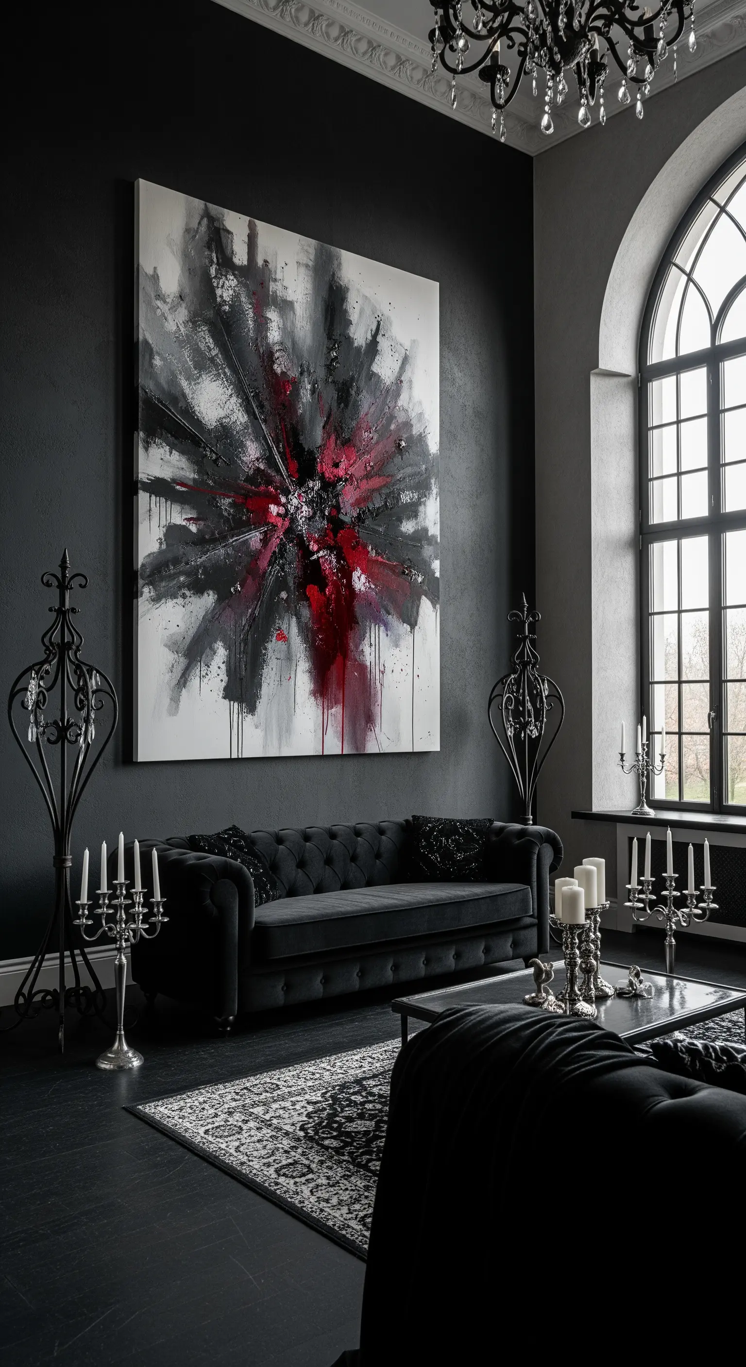 Soggiorno scuro in stile gotico con un quadro astratto esplosivo in bianco, nero e rosso.