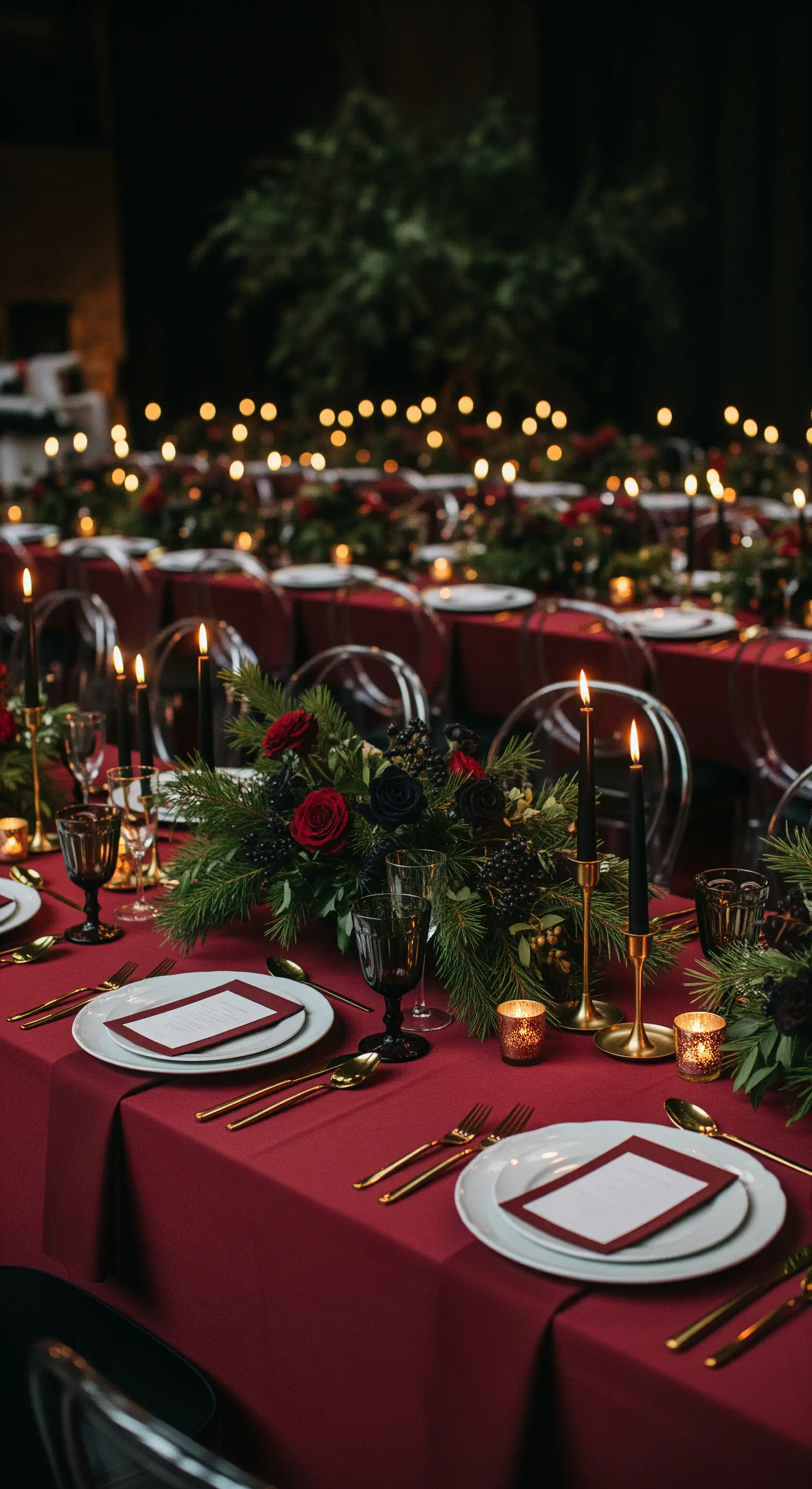 Tavola nuziale con tovaglia rossa, candele nere, rose scure e posate oro.