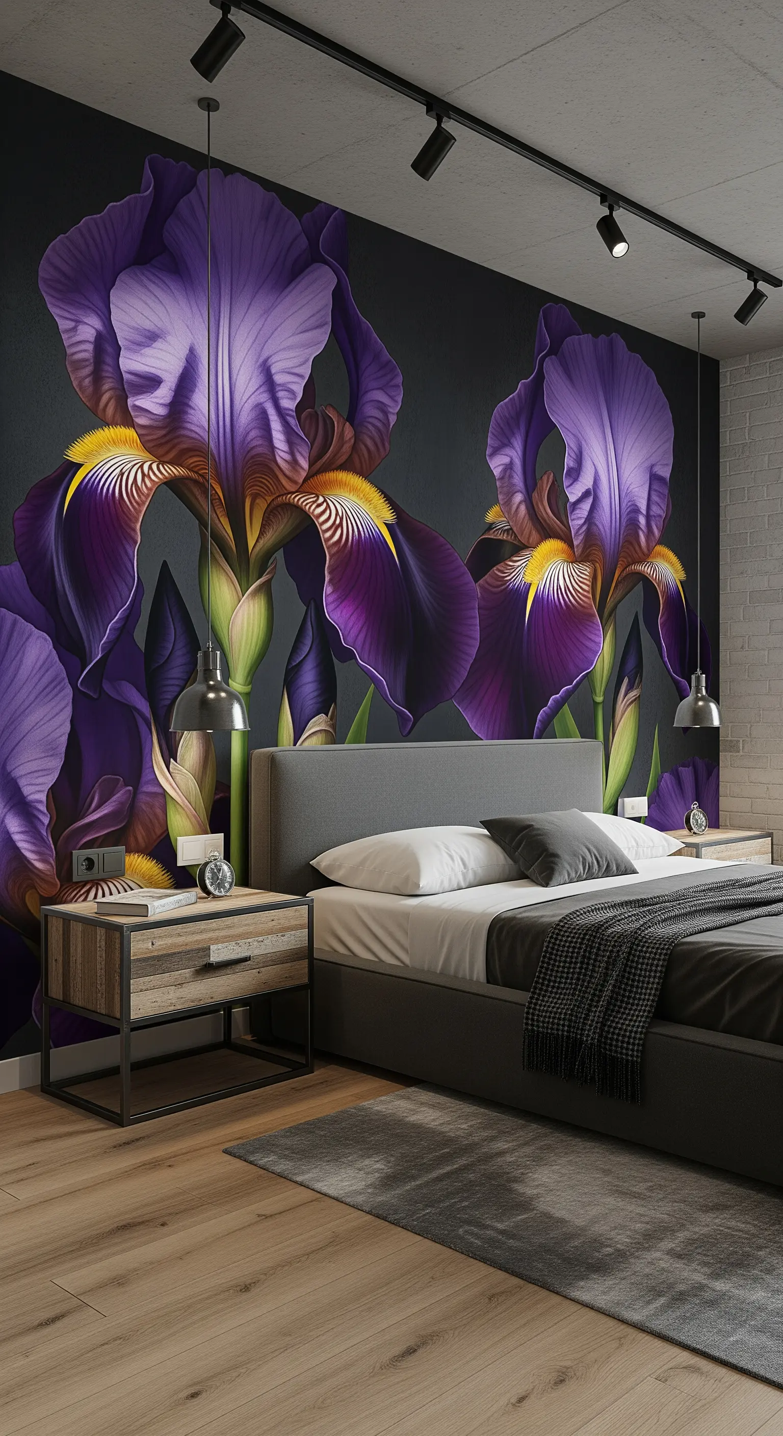 Murales di iris viola su parete scura in una camera da letto in stile industrial.