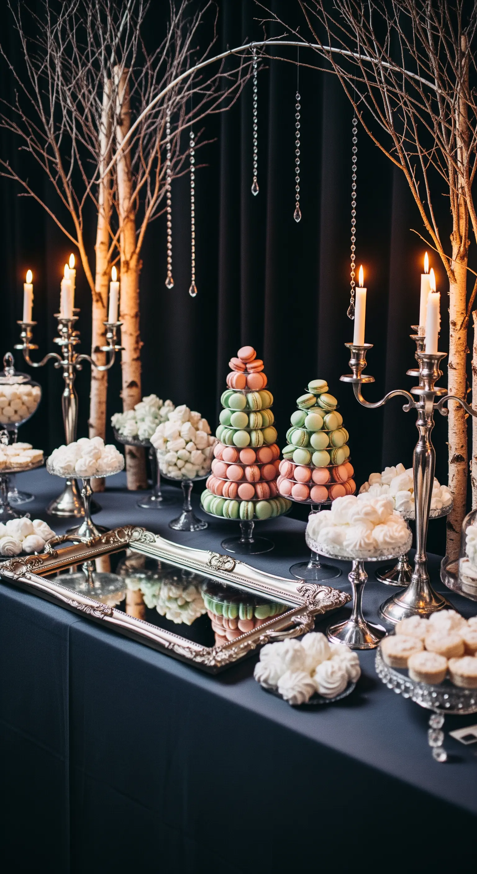 Tavolo blu notte con macarons a torre, rami di betulla, candele e cristalli pendenti.