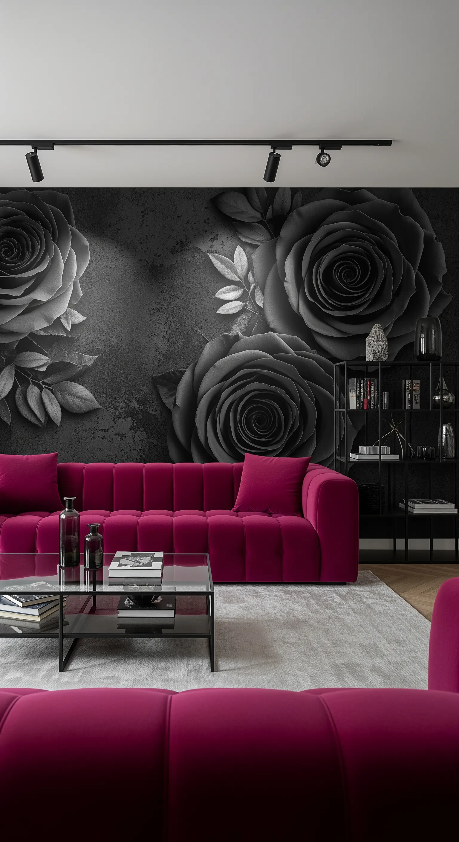Soggiorno moderno con carta da parati a rose nere e grigie e un divano fucsia acceso.