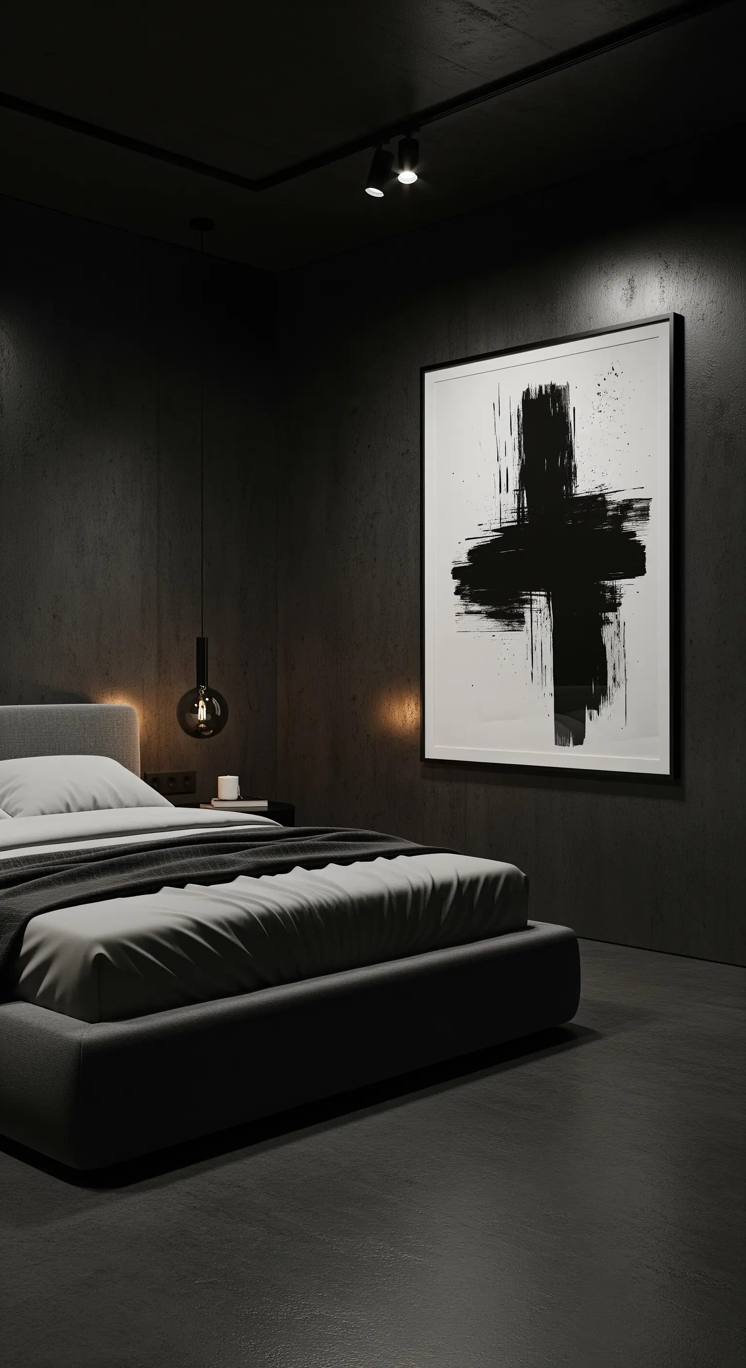 Camera da letto total black con un grande quadro astratto in bianco e nero illuminato da un faretto.