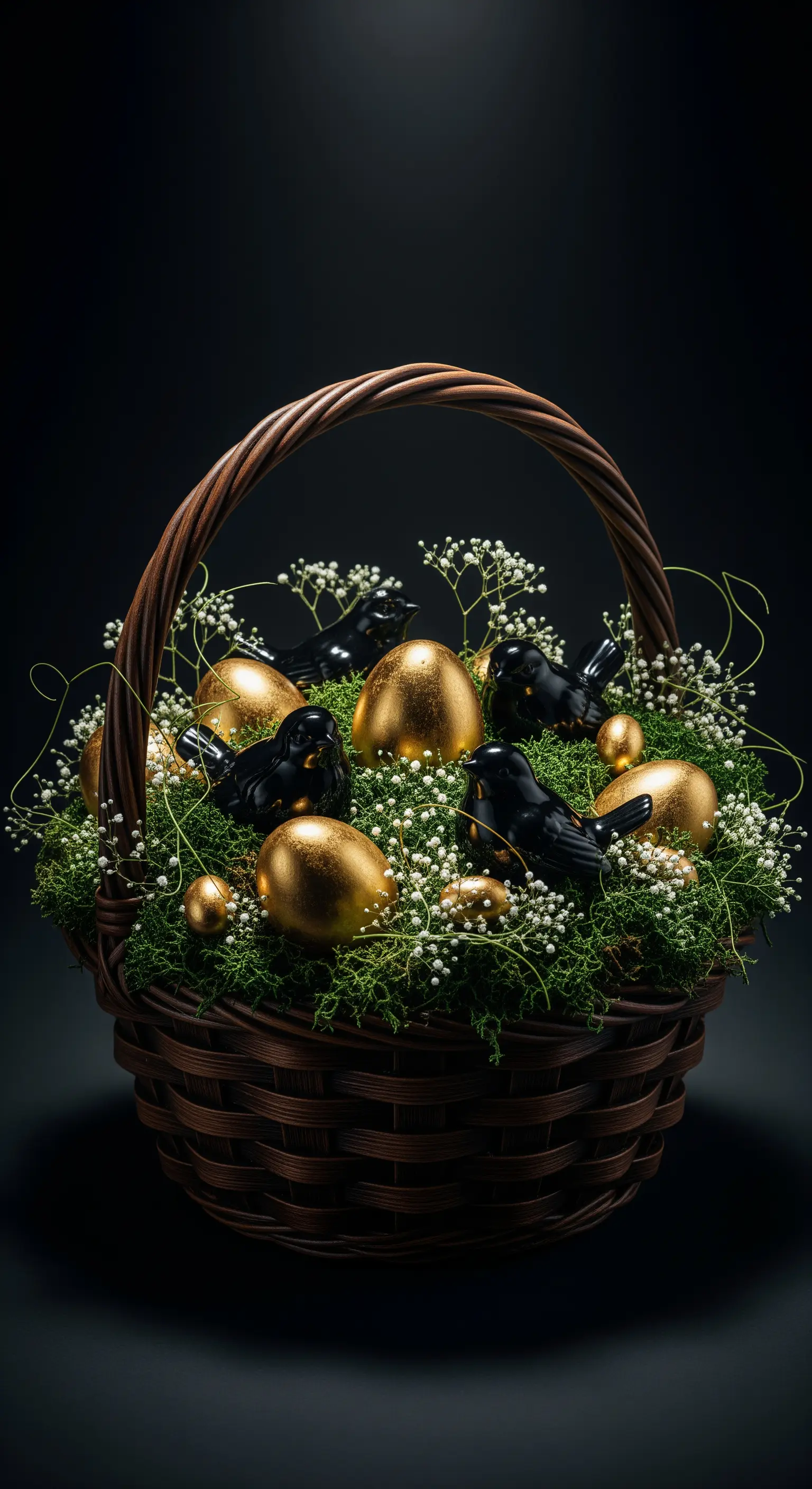 Cesto scuro con muschio, uova dorate, uccellini neri e gypsophila bianca.