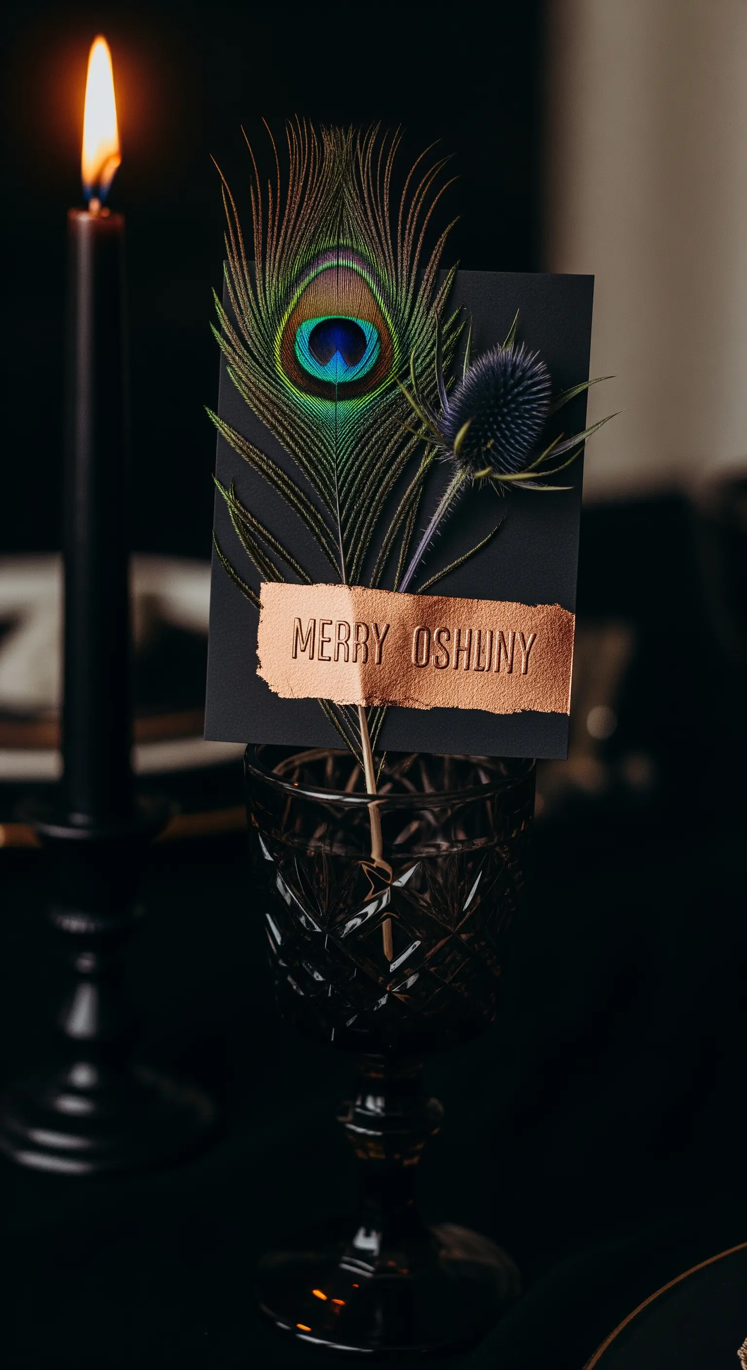 Segnaposto con piuma di pavone e nome ramato in un calice scuro.