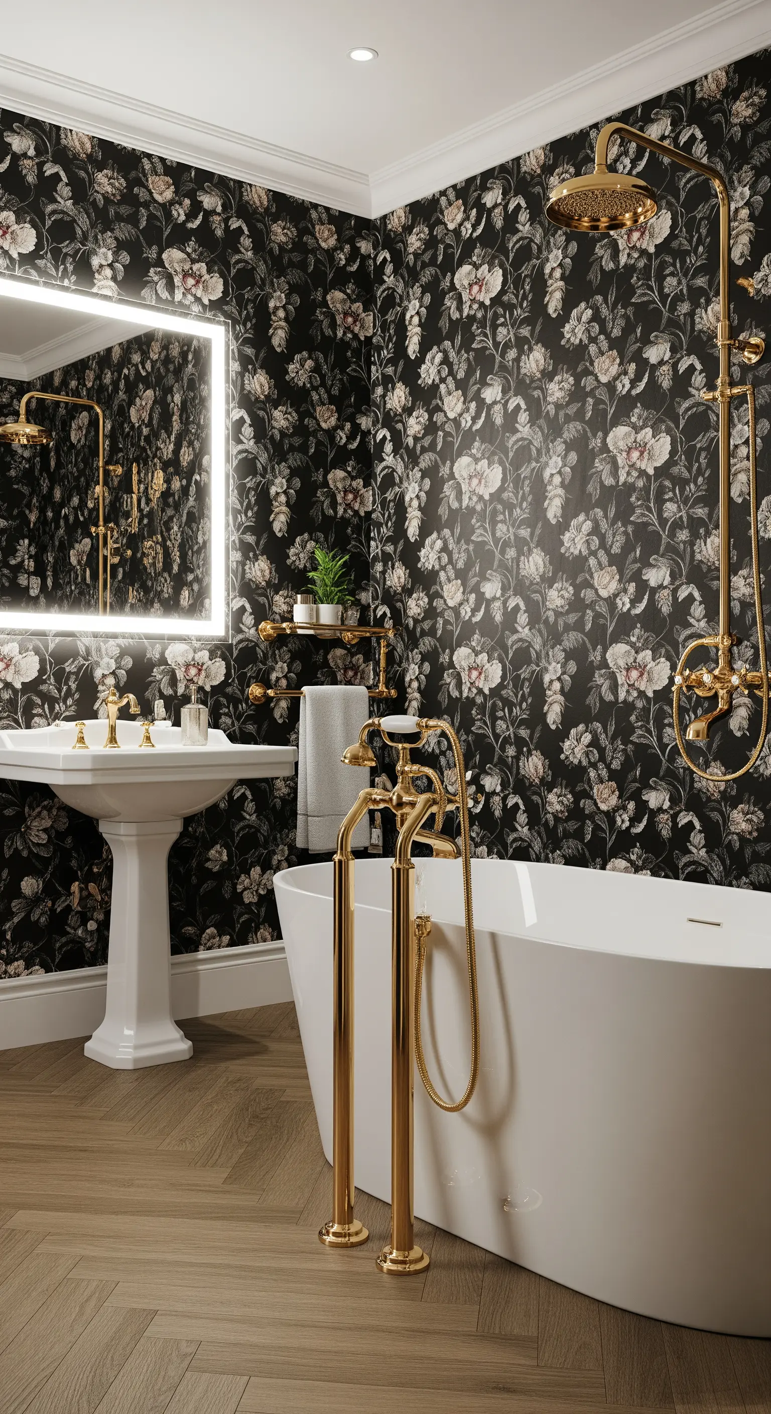 Bagno con carta da parati floreale scura, vasca freestanding e rubinetteria dorata.