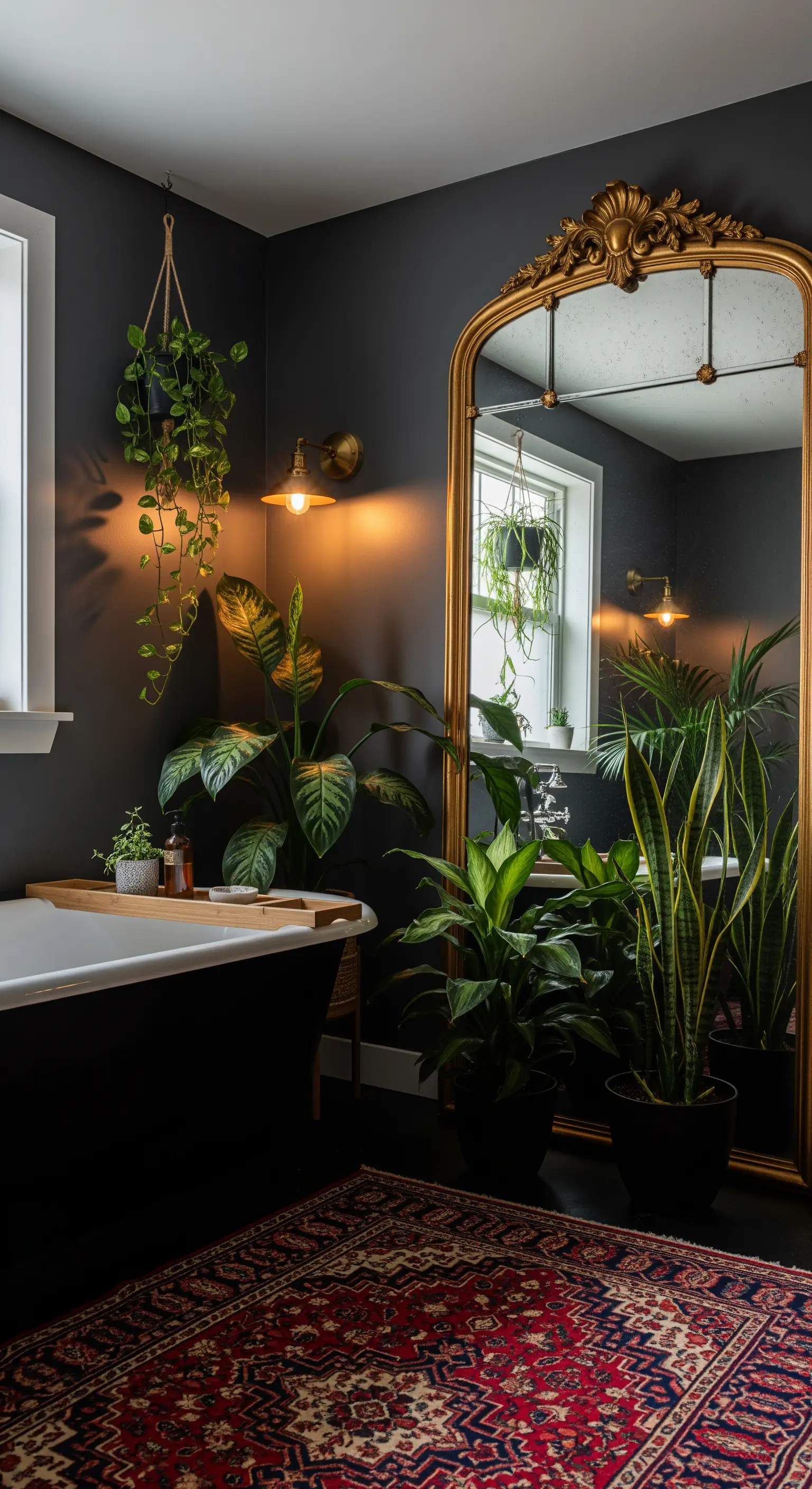 Bagno scuro e drammatico con grande specchio dorato, tappeto persiano e piante.