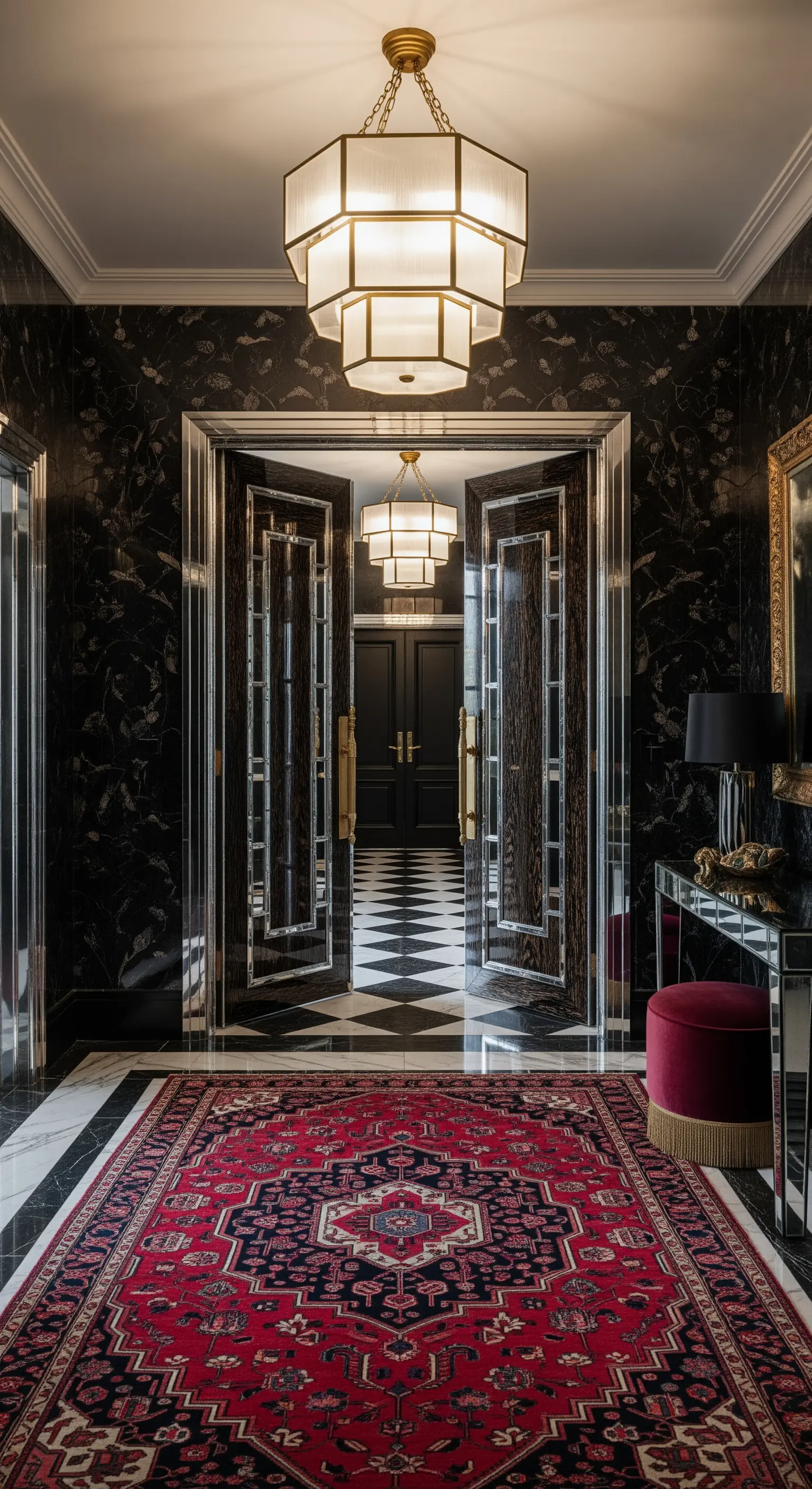 Ingresso Art Déco con marmo nero, pavimento a scacchi e tappeto persiano rosso.