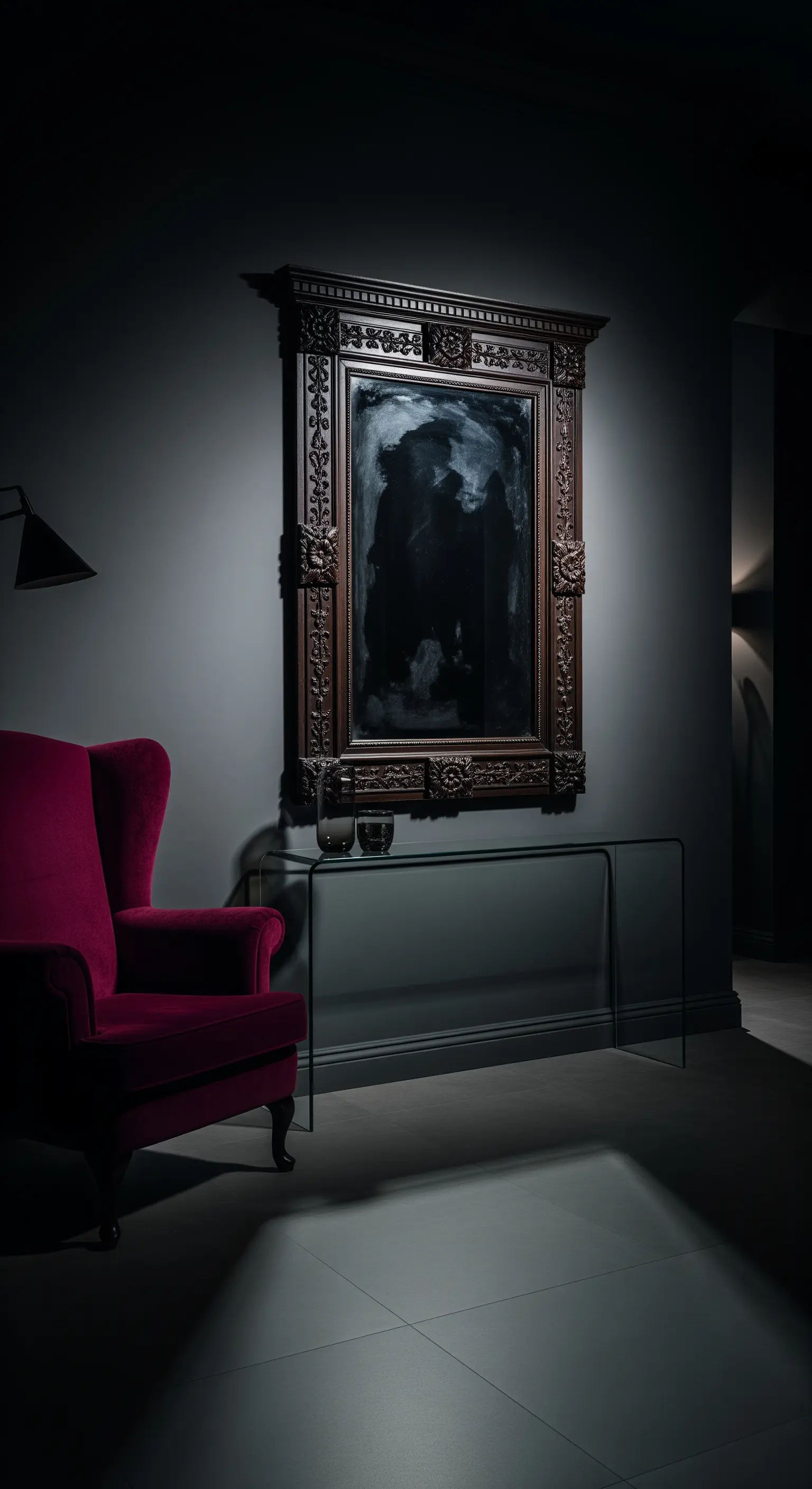 Ingresso scuro e drammatico con specchio antico, consolle in vetro e poltrona magenta