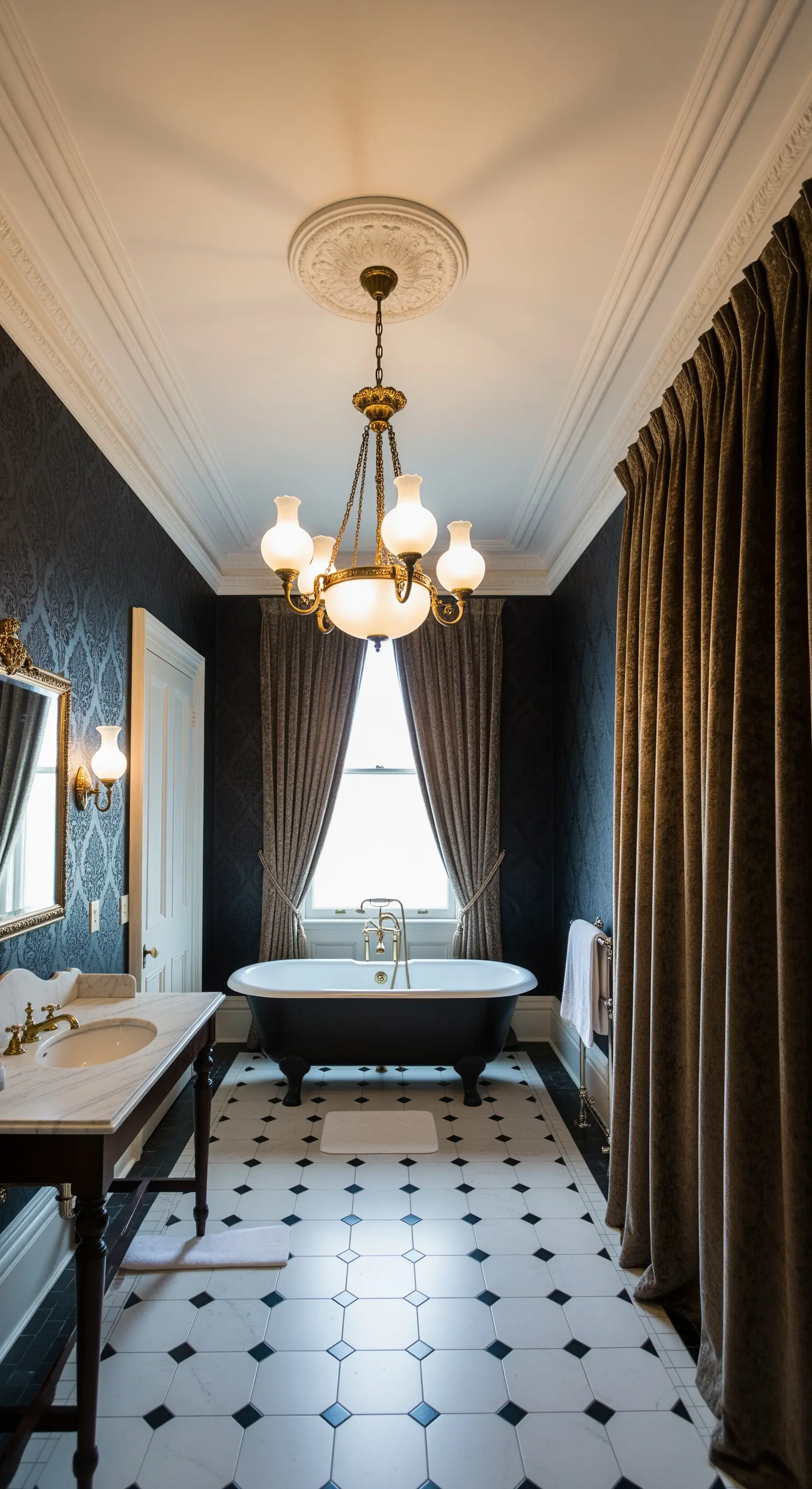 Bagno in stile vittoriano con carta da parati scura, tende pesanti e un lampadario a gas.