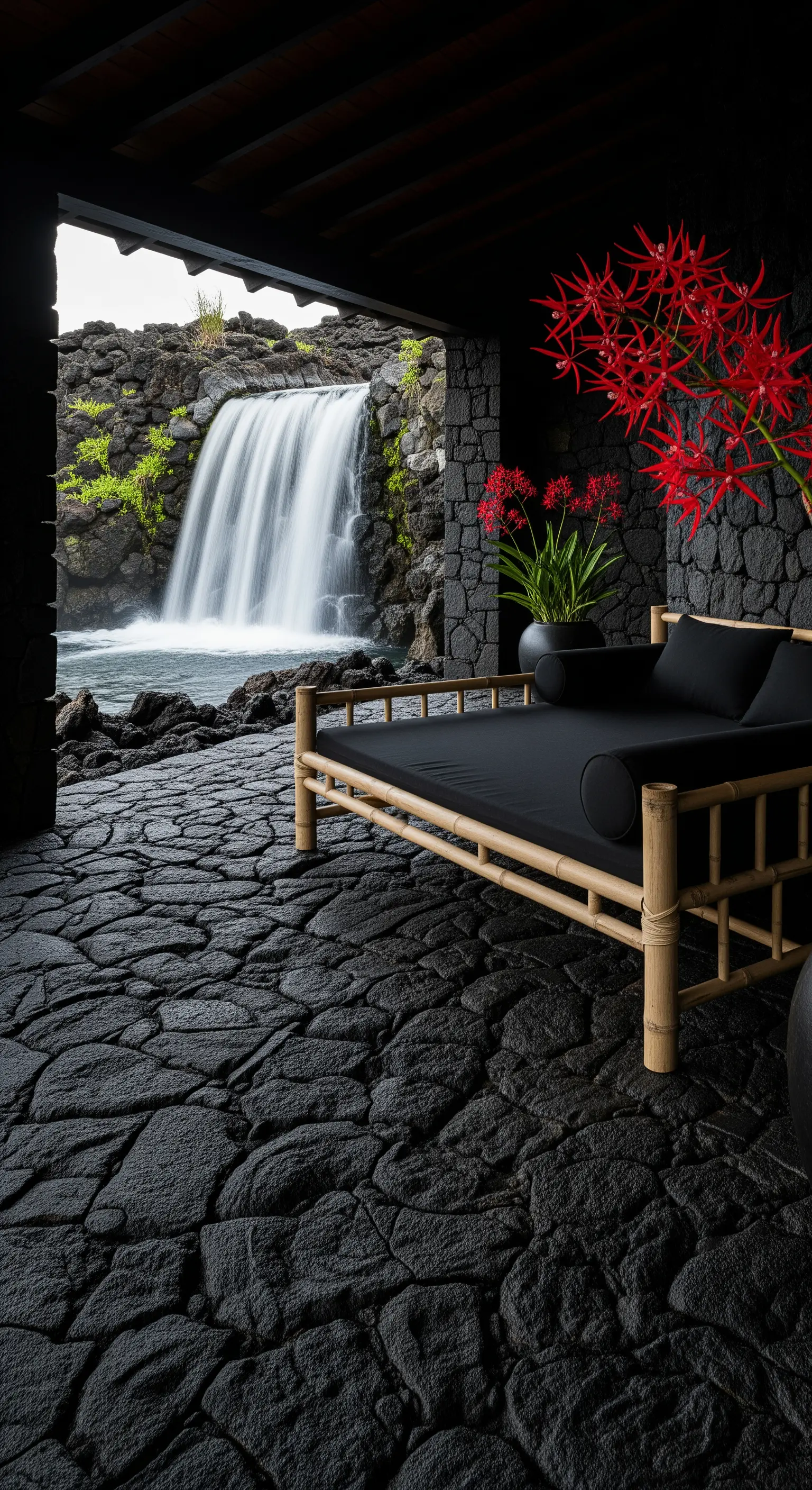 Portico scuro in pietra lavica con daybed in bambù nero e fiori rossi, affacciato su una cascata.