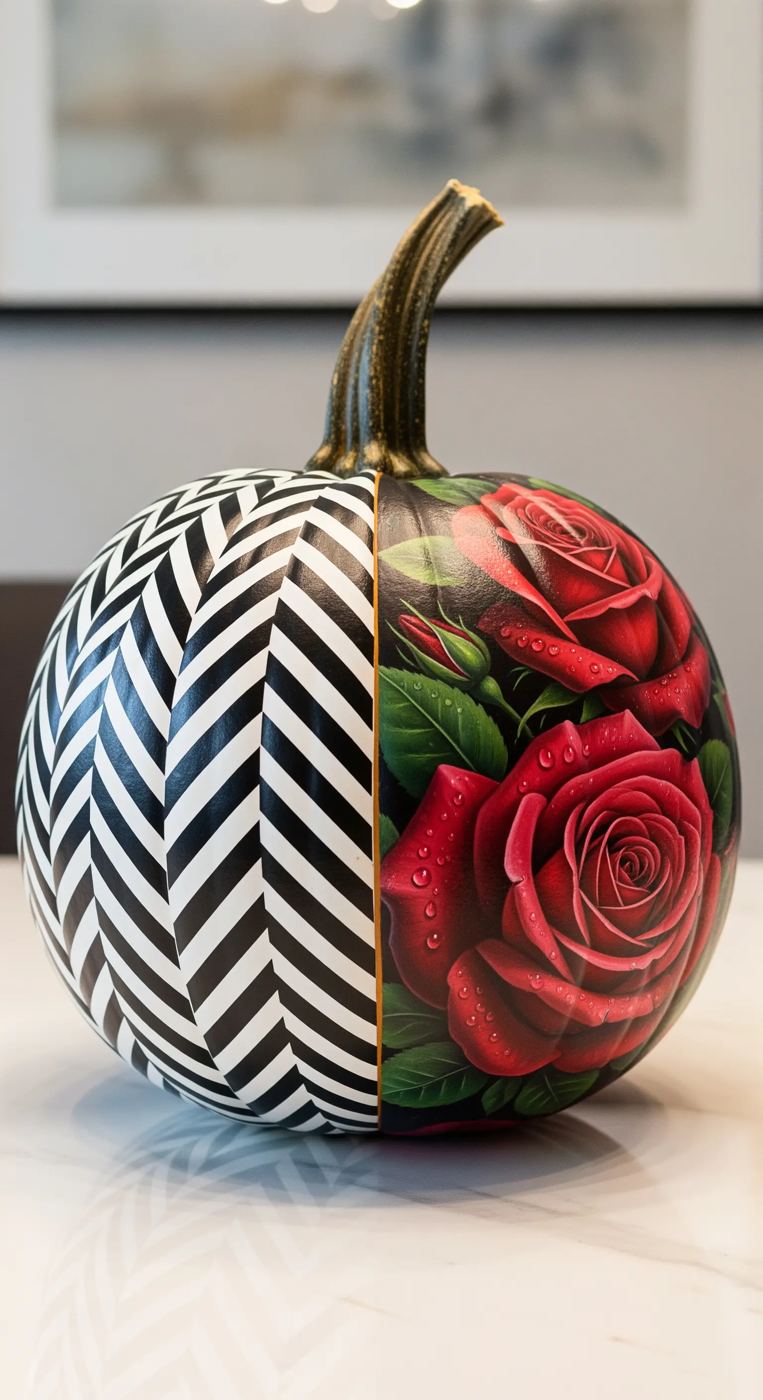 Zucca decorata a metà: un lato con un motivo geometrico bianco e nero, l'altro con rose rosse realistiche.